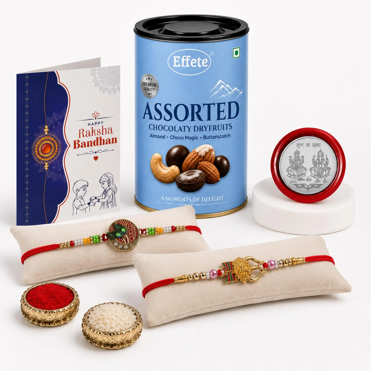 Rakhi with Chocolate for Brother (Set of 6) – Round Trishul Damru Shape Gift Combo - Image 2