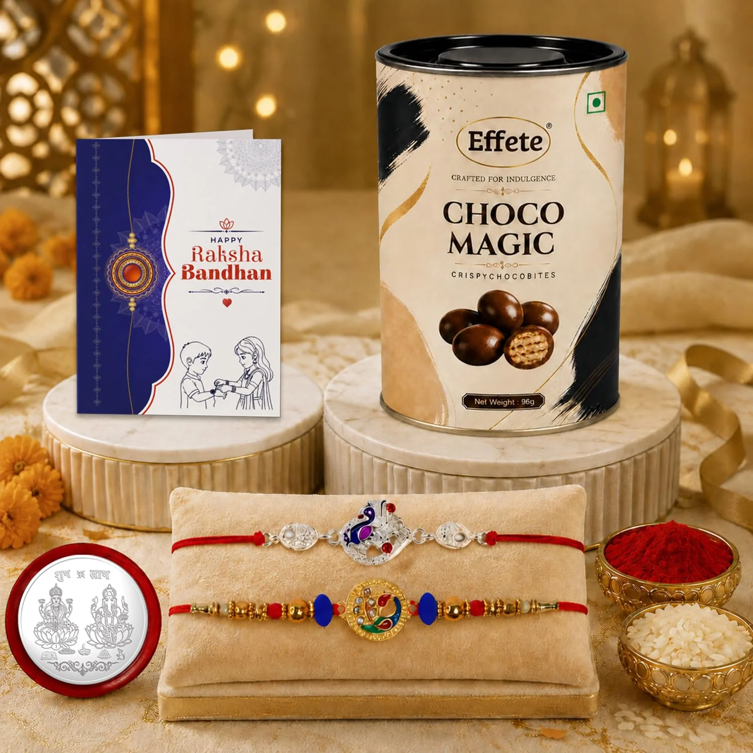 Rakhi with Chocolate for Brother (Set of 6) – Silver Color Round Raksha Gift Combo