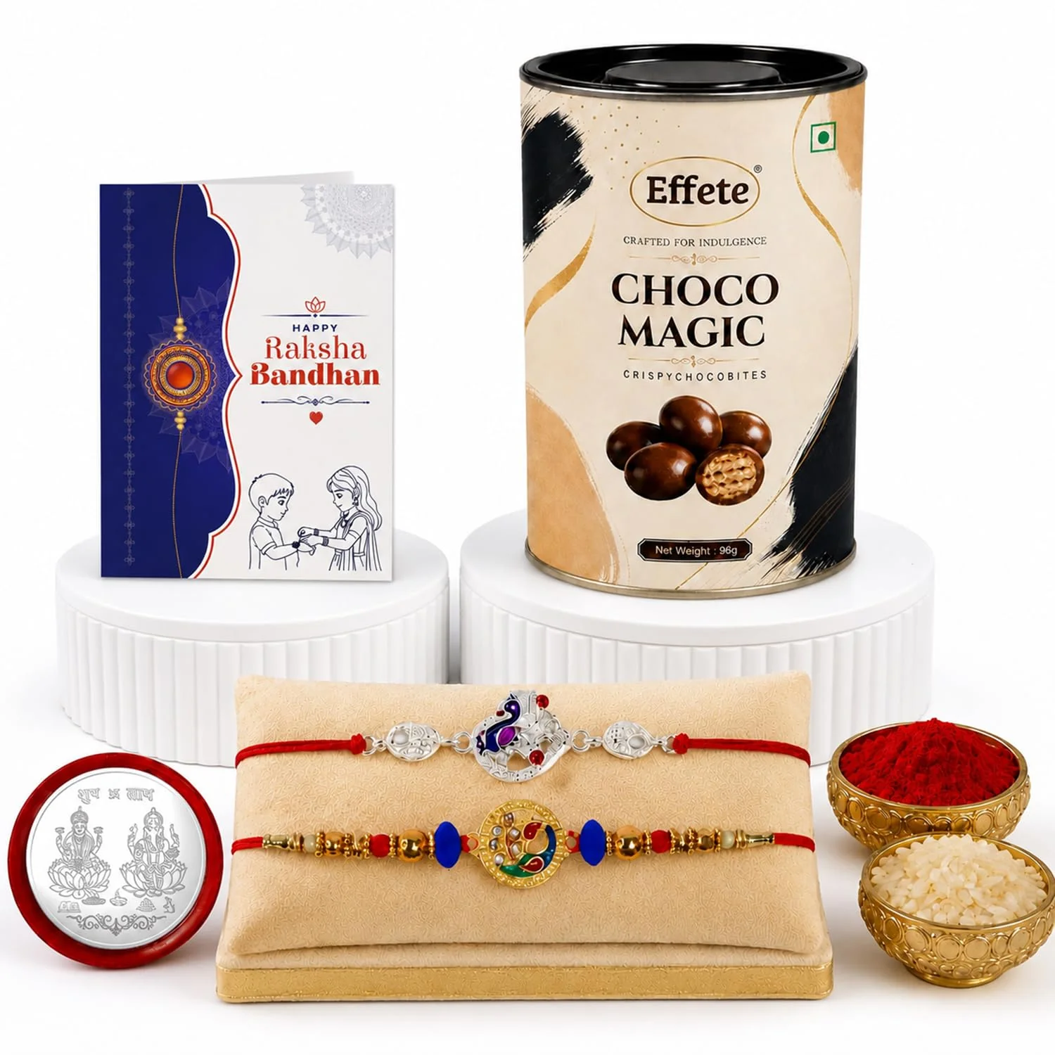 Rakhi with Chocolate for Brother (Set of 6) – Silver Color Round Raksha Gift Combo - Image 2
