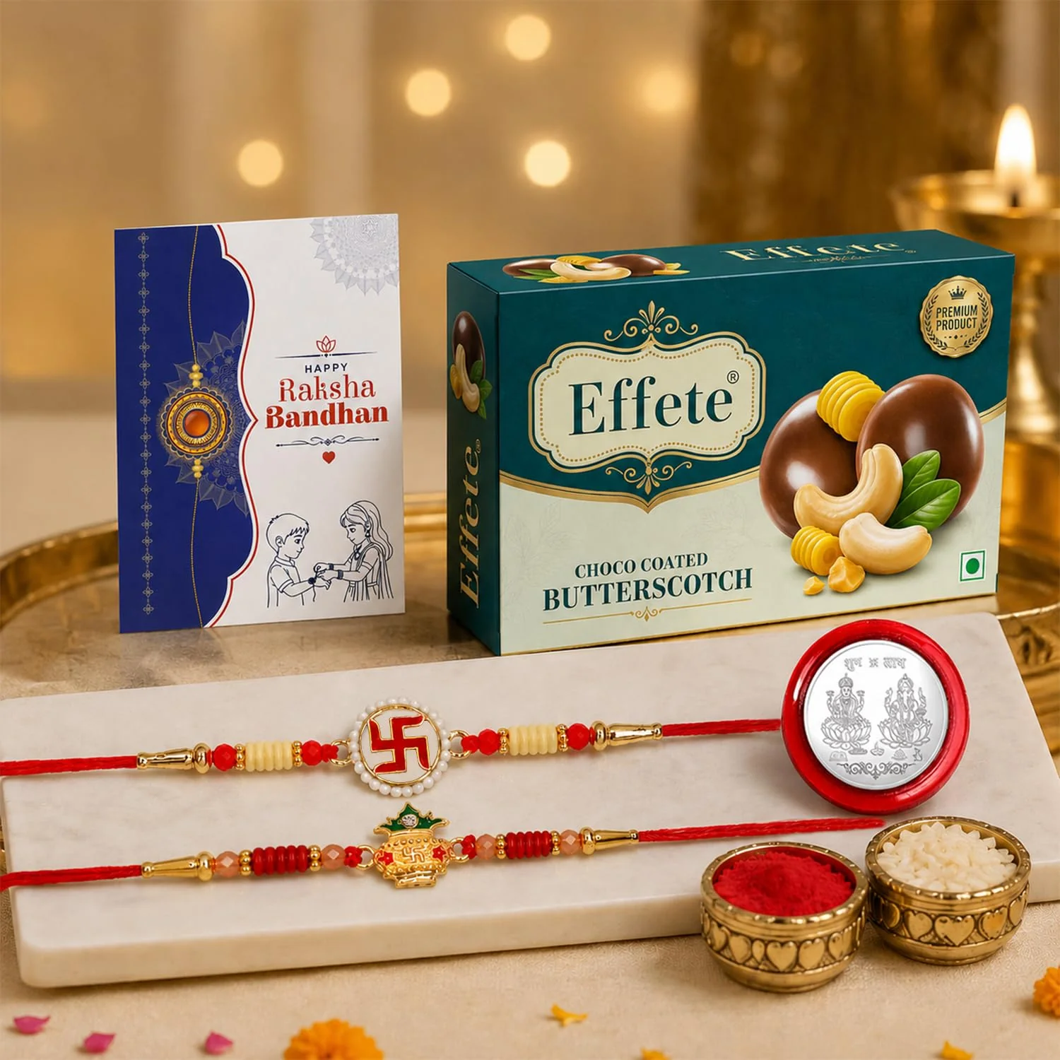 Rakhi with Chocolate for Brother (Set of 6) – Swastik Kalash Raksha Bandhan Combo