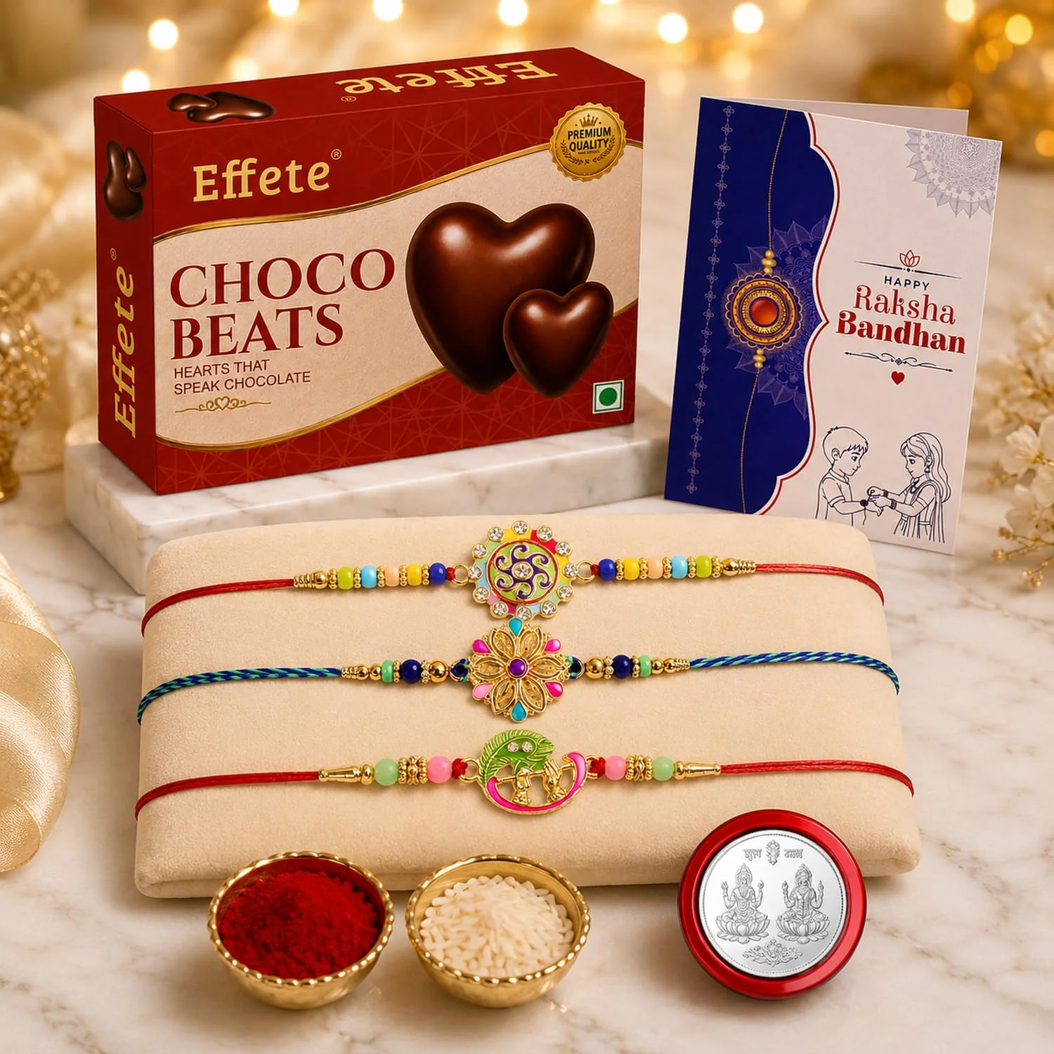 Rakhi with Chocolate for Brother (Set of 7) – Bansuri Floral Round Shape Gift Combo