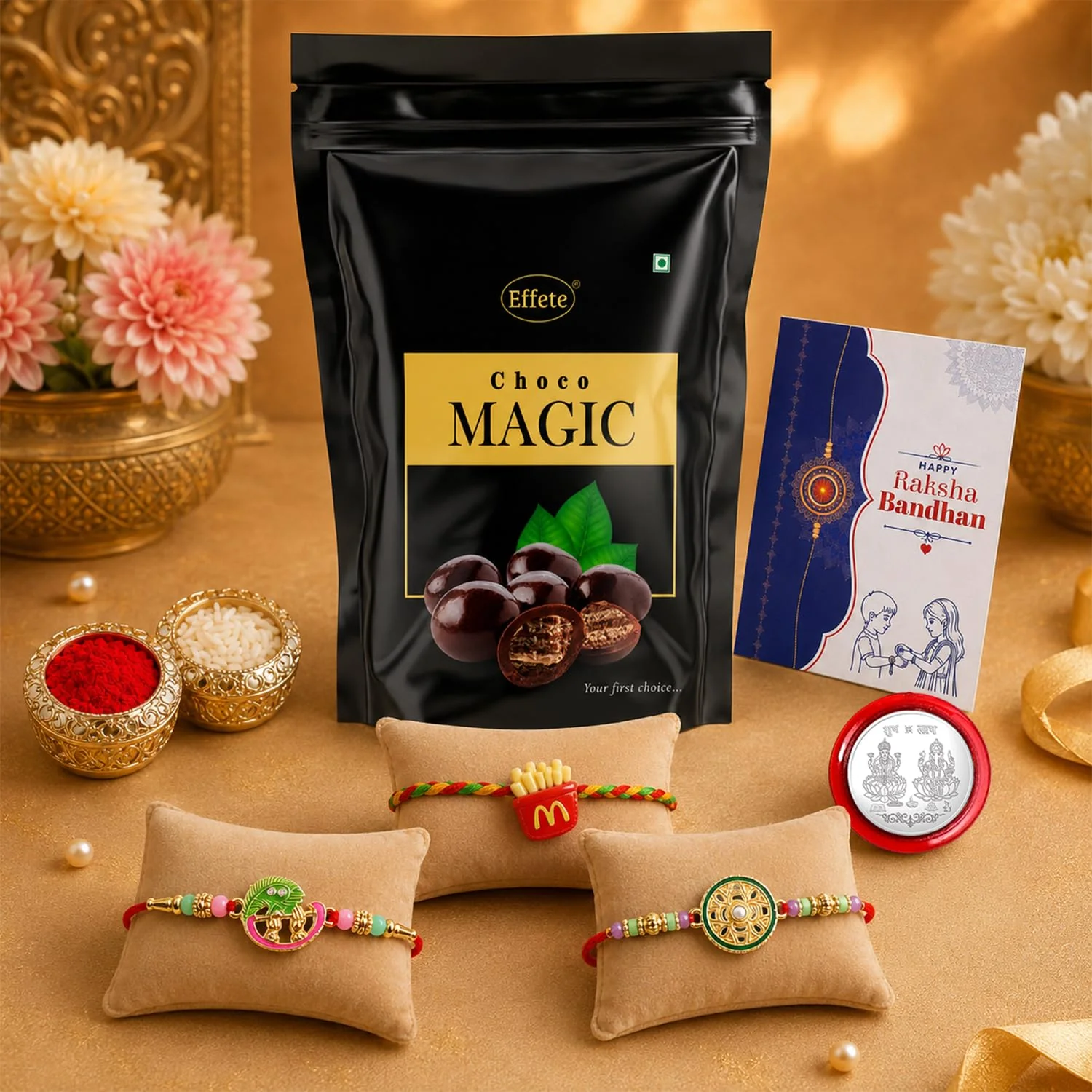 Rakhi with Chocolate for Brother (Set of 7) – Bansuri Food Round Raksha Gift Combo