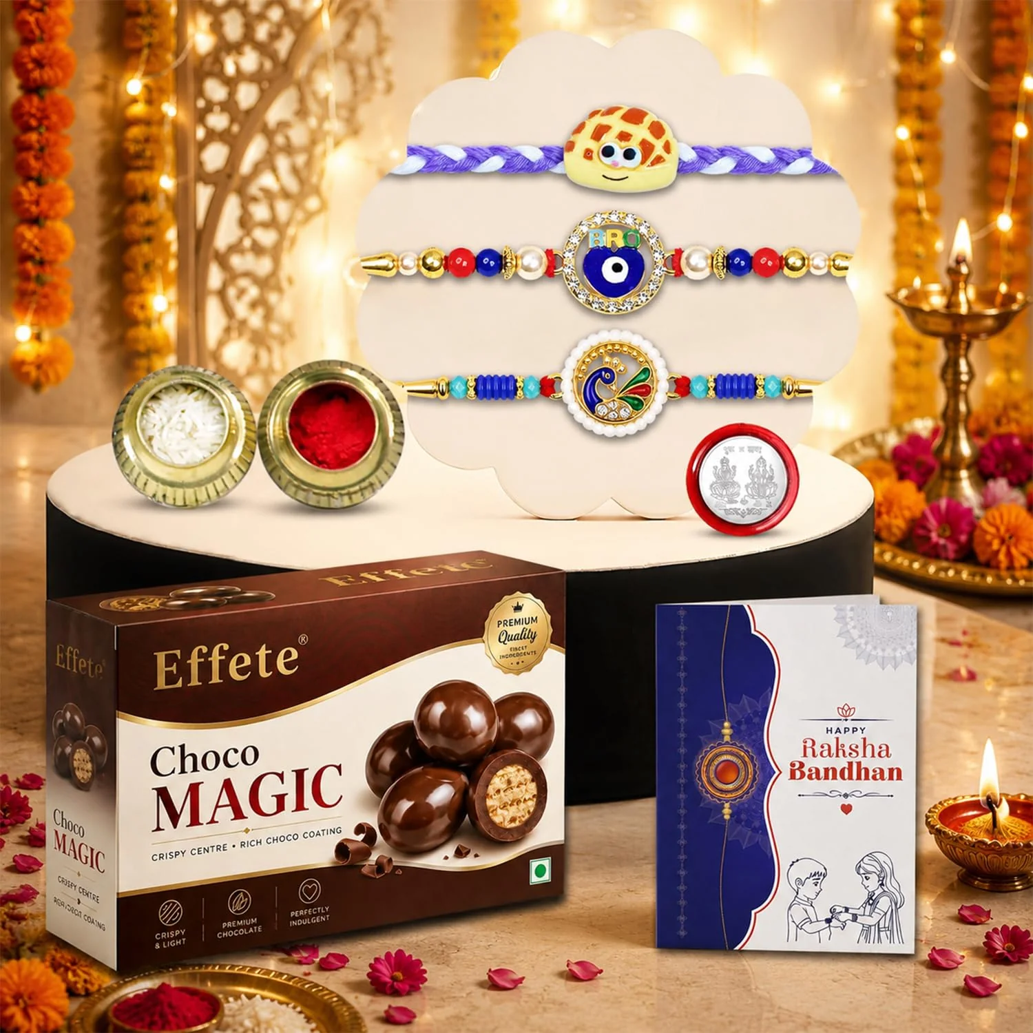 Rakhi with Chocolate for Brother (Set of 7) – Evil Eye Peacock Food Shape Gift Combo