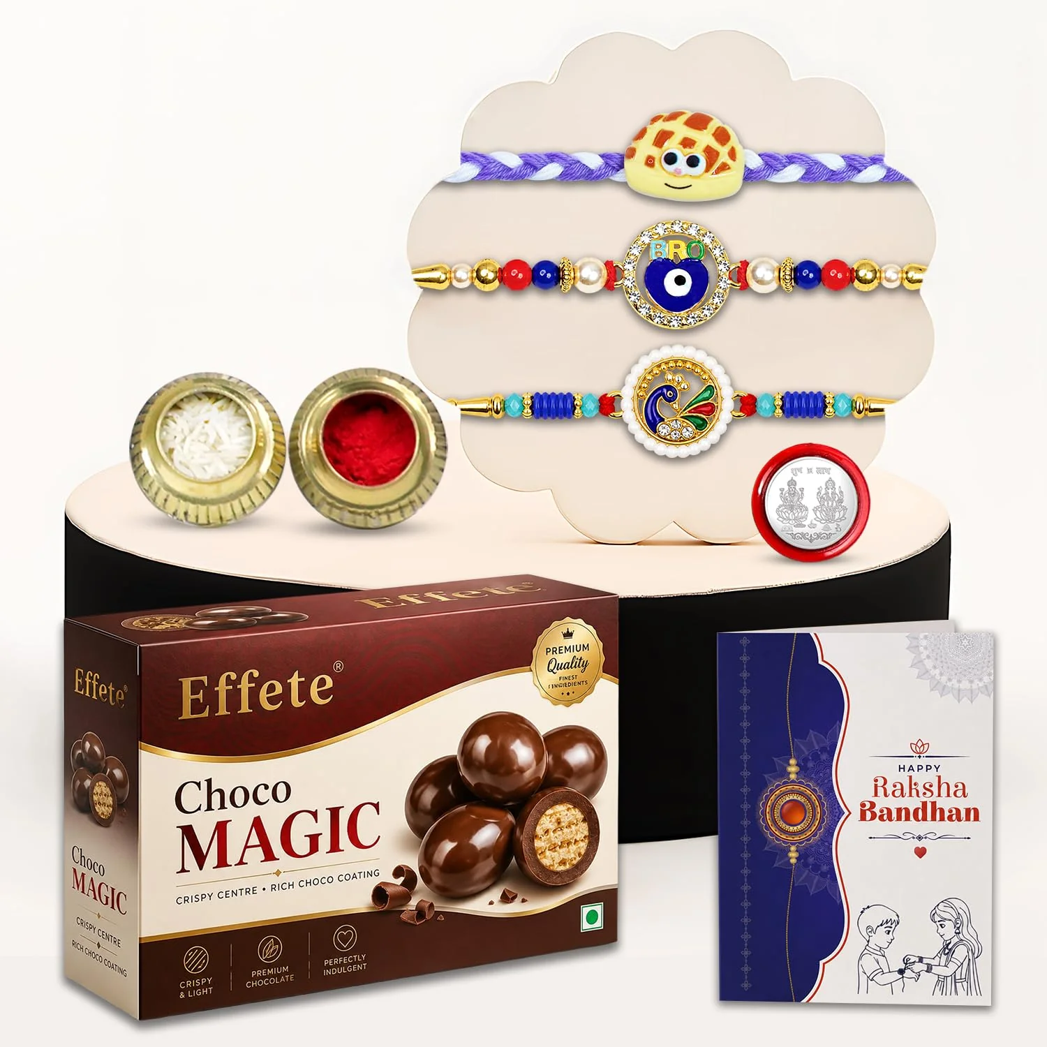 Rakhi with Chocolate for Brother (Set of 7) – Evil Eye Peacock Food Shape Gift Combo - Image 2
