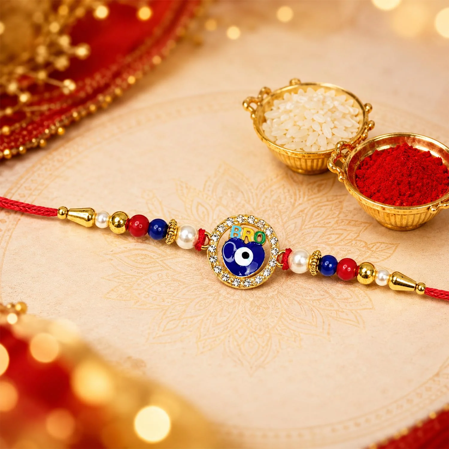Rakhi with Chocolate for Brother (Set of 7) – Evil Eye Peacock Food Shape Gift Combo - Image 5