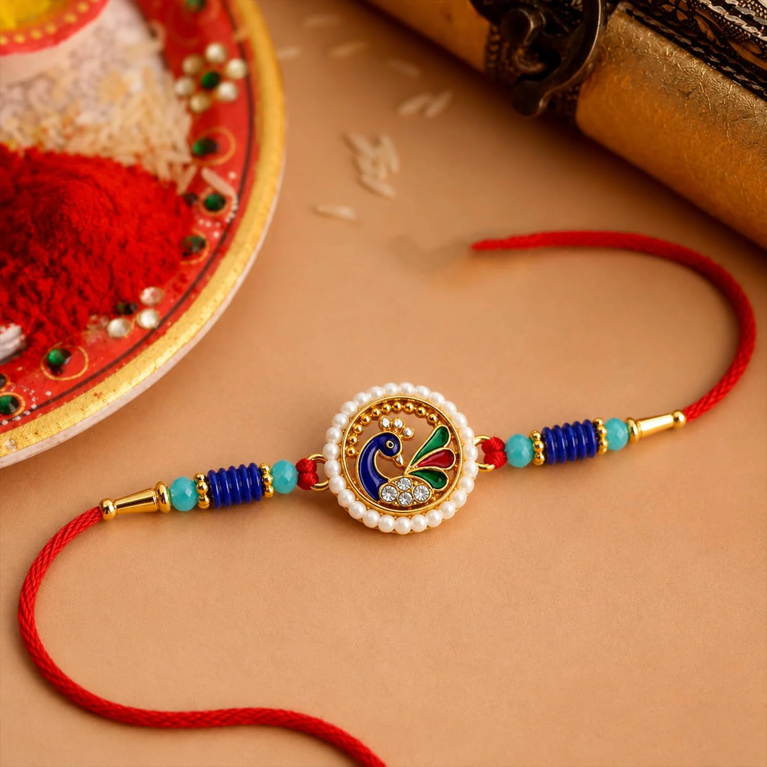 Rakhi with Chocolate for Brother (Set of 7) – Evil Eye Peacock Food Shape Gift Combo - Image 6