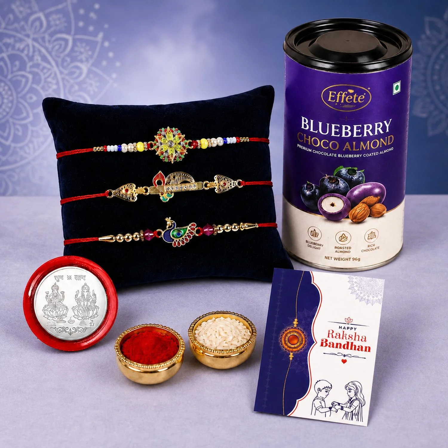 Rakhi with Chocolate for Brother (Set of 7) – Floral Bansuri Bird Shape Gift Combo