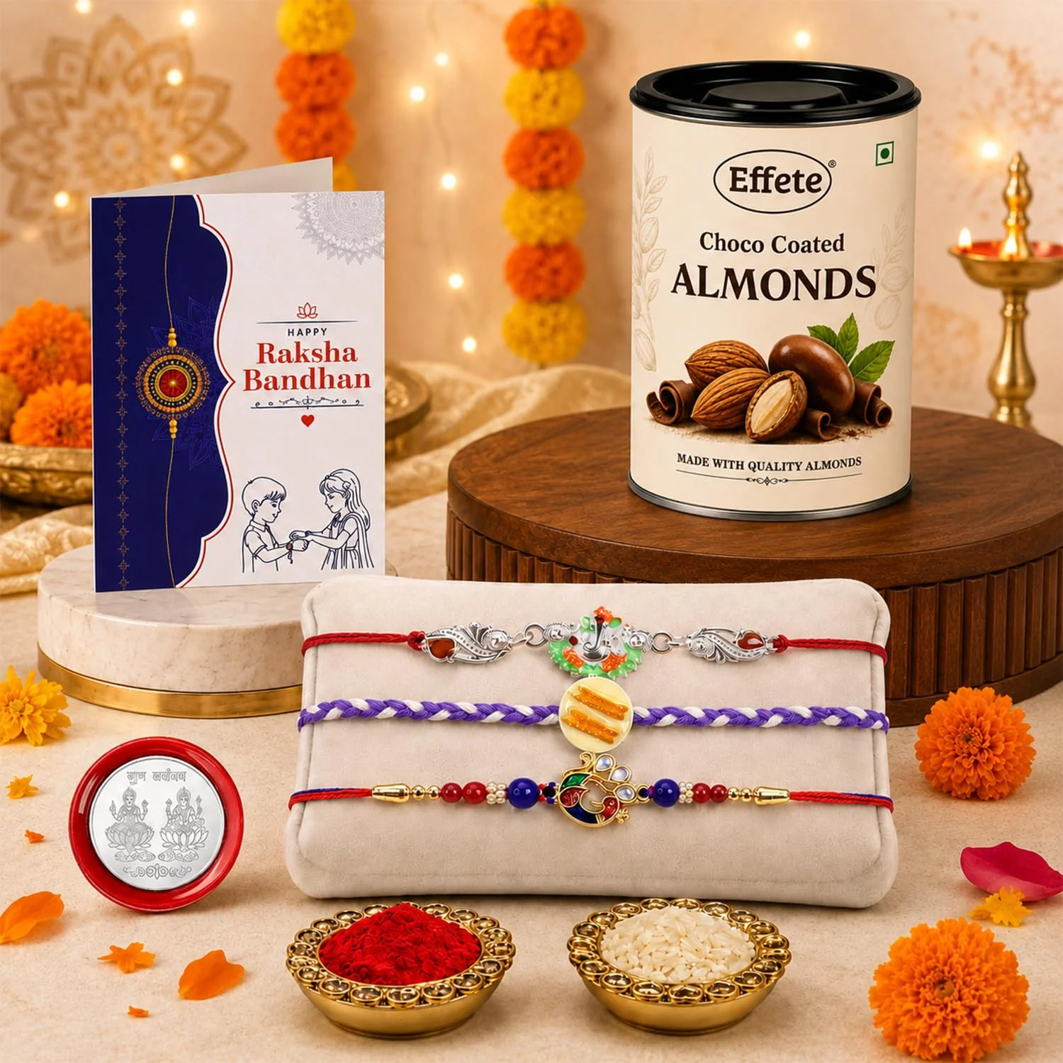 Rakhi with Chocolate for Brother (Set of 7) – Ganesha Peacock Food Style Gift Combo