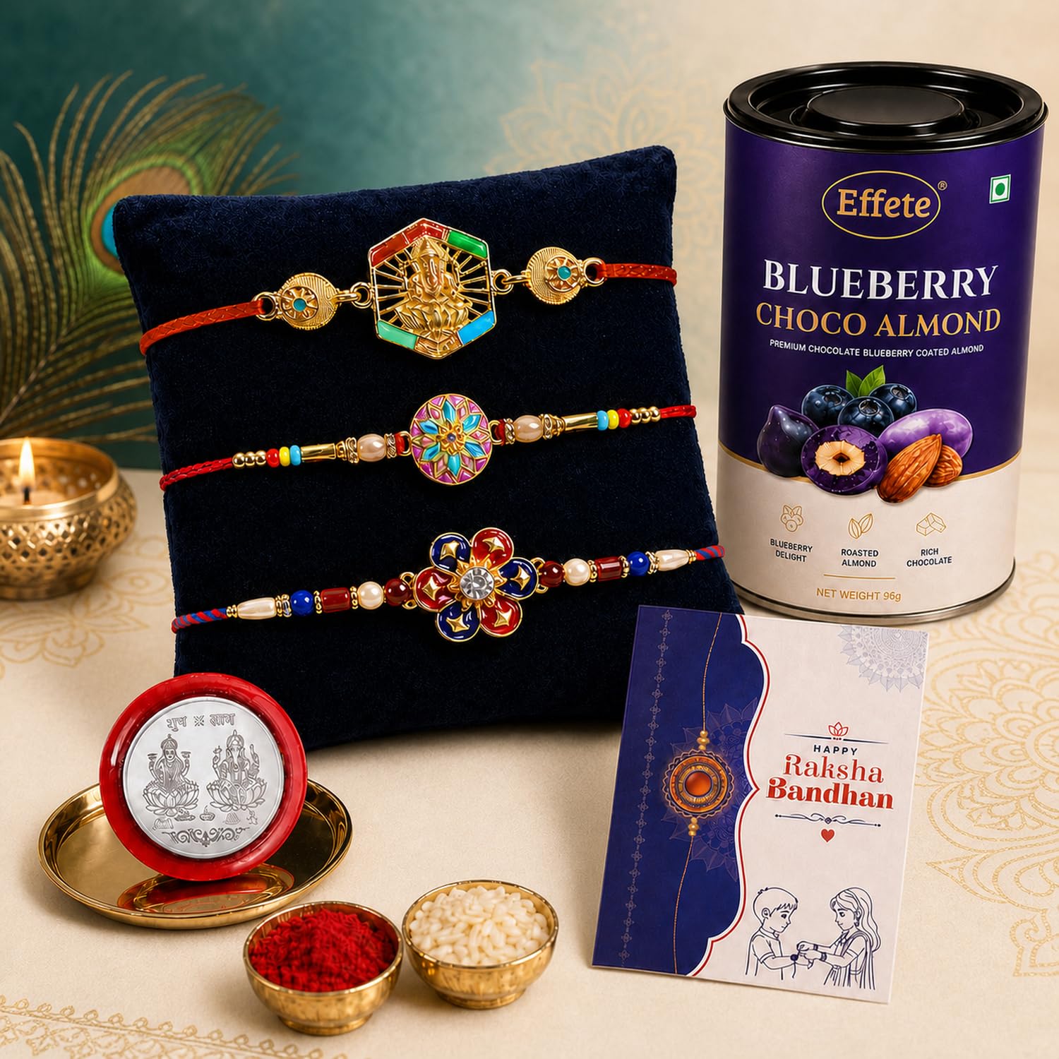 Rakhi with Chocolate for Brother (Set of 7) – Ganesha Round Flower Design Gift Combo