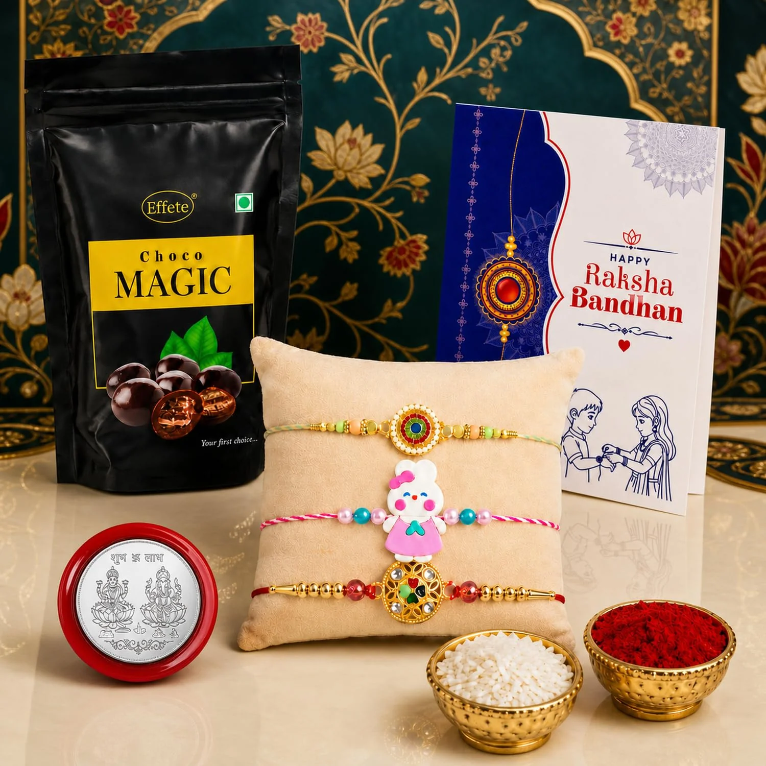 Rakhi with Chocolate for Brother (Set of 7) – Kids 1 Pc Golden Raksha Gift Combo