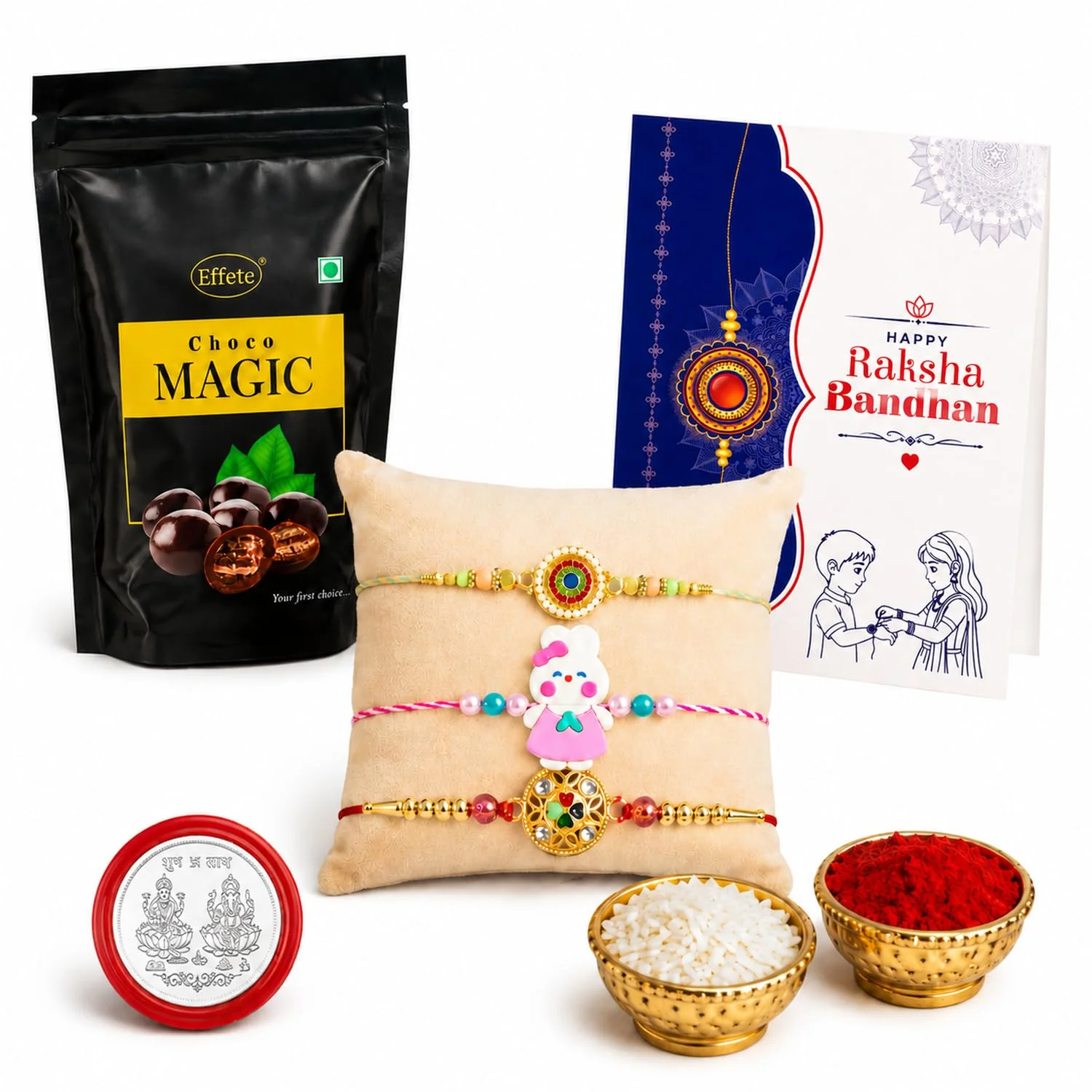 Rakhi with Chocolate for Brother (Set of 7) – Kids 1 Pc Golden Raksha Gift Combo - Image 2