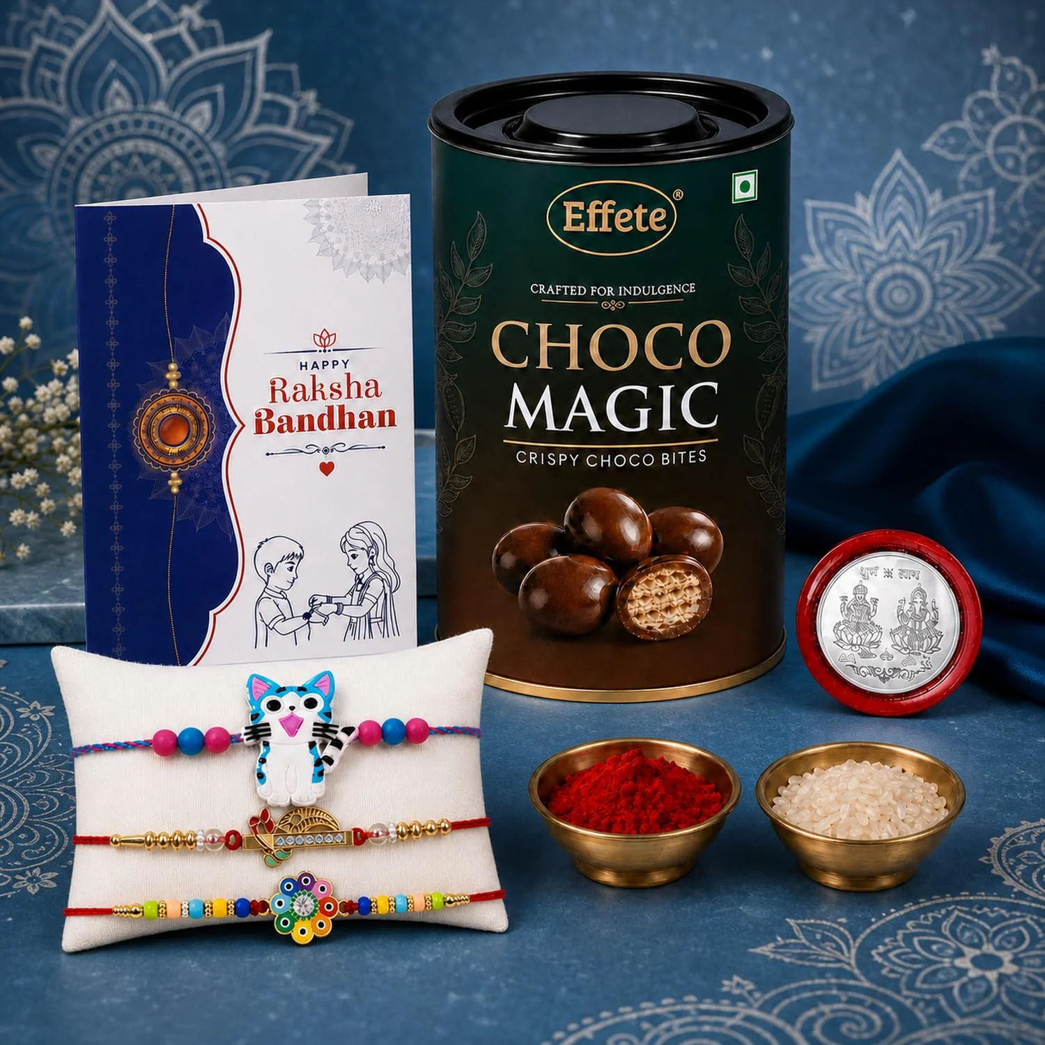 Rakhi with Chocolate for Brother (Set of 7) – Kitty Evil Eye Golden Color Gift Combo