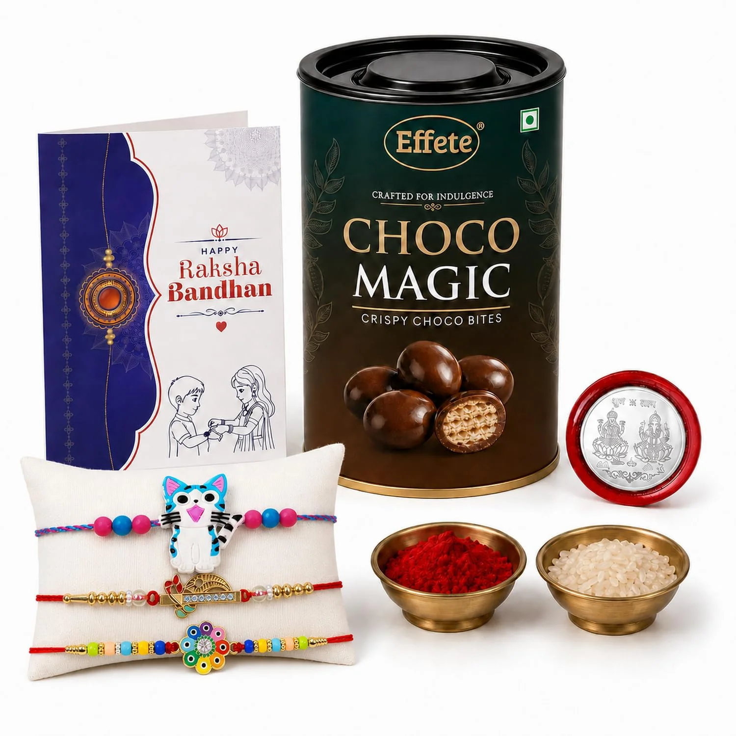Rakhi with Chocolate for Brother (Set of 7) – Kitty Evil Eye Golden Color Gift Combo - Image 2