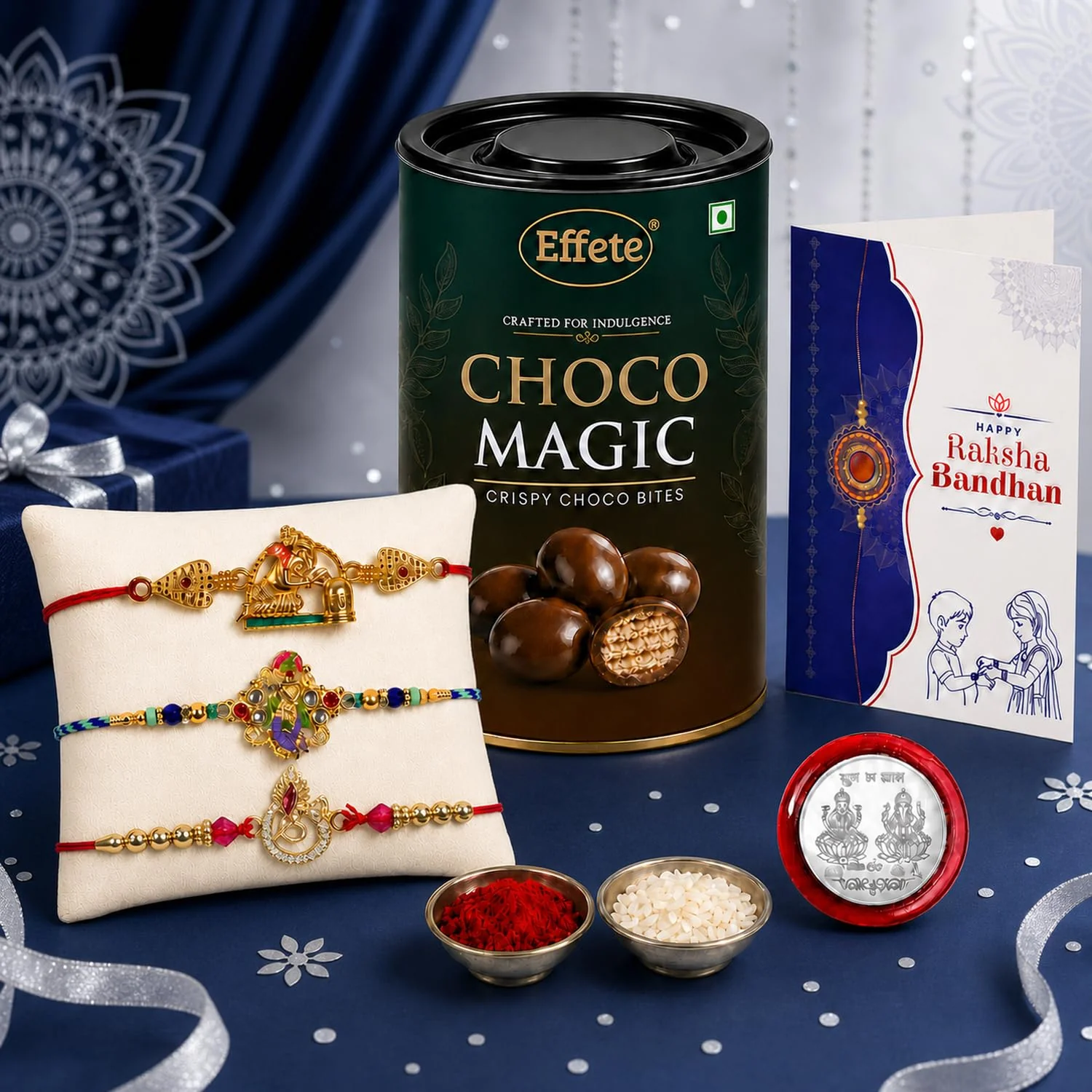 Rakhi with Chocolate for Brother (Set of 7) – Krishna Ganesha Round Shape Gift Combo