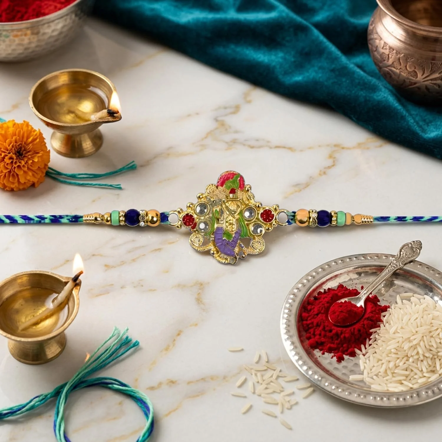 Rakhi with Chocolate for Brother (Set of 7) – Krishna Ganesha Round Shape Gift Combo - Image 8