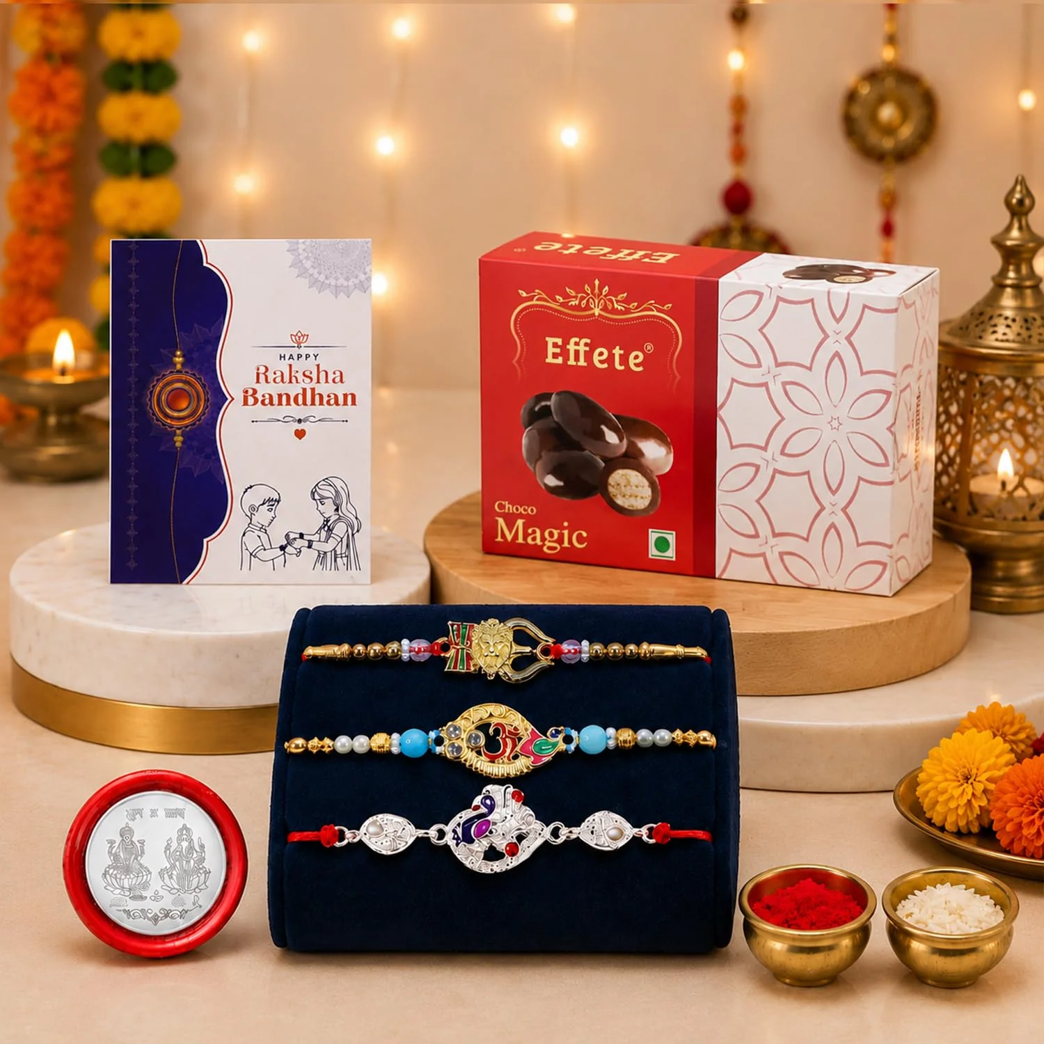 Rakhi with Chocolate for Brother (Set of 7) – Lion Om Peacock Raksha Bandhan Combo
