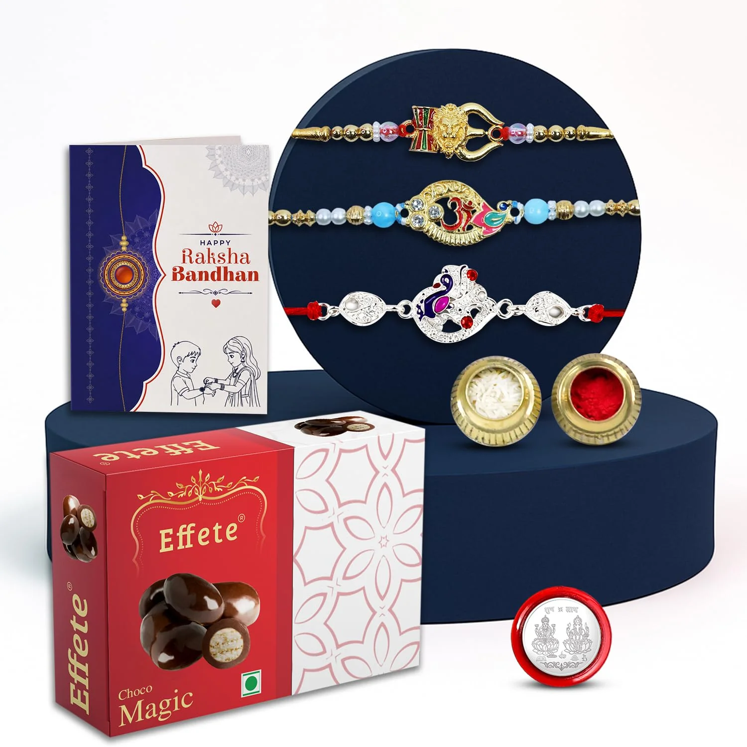 Rakhi with Chocolate for Brother (Set of 7) – Lion Om Peacock Raksha Bandhan Combo - Image 2