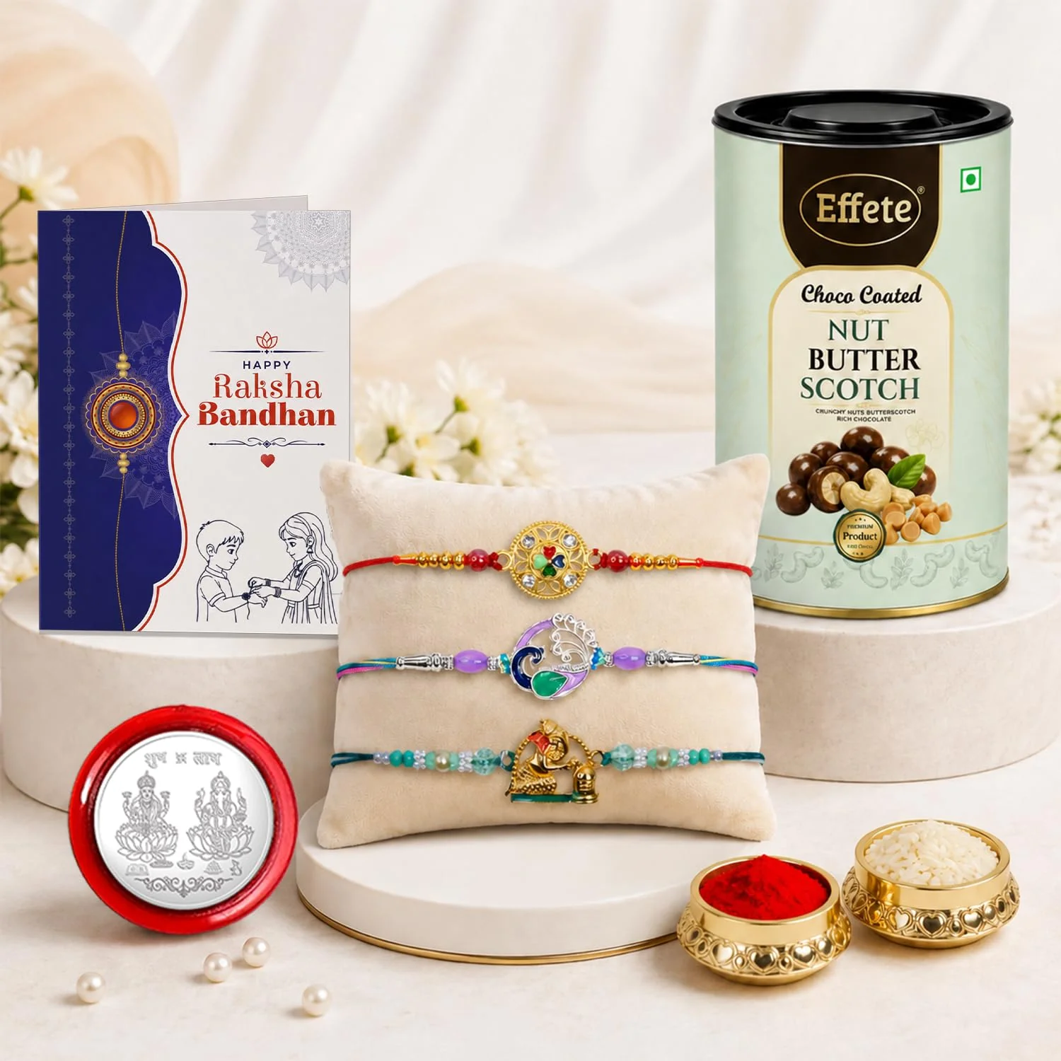 Rakhi with Chocolate for Brother (Set of 7) – Peacock Ganu Ji Round Shape Gift Combo