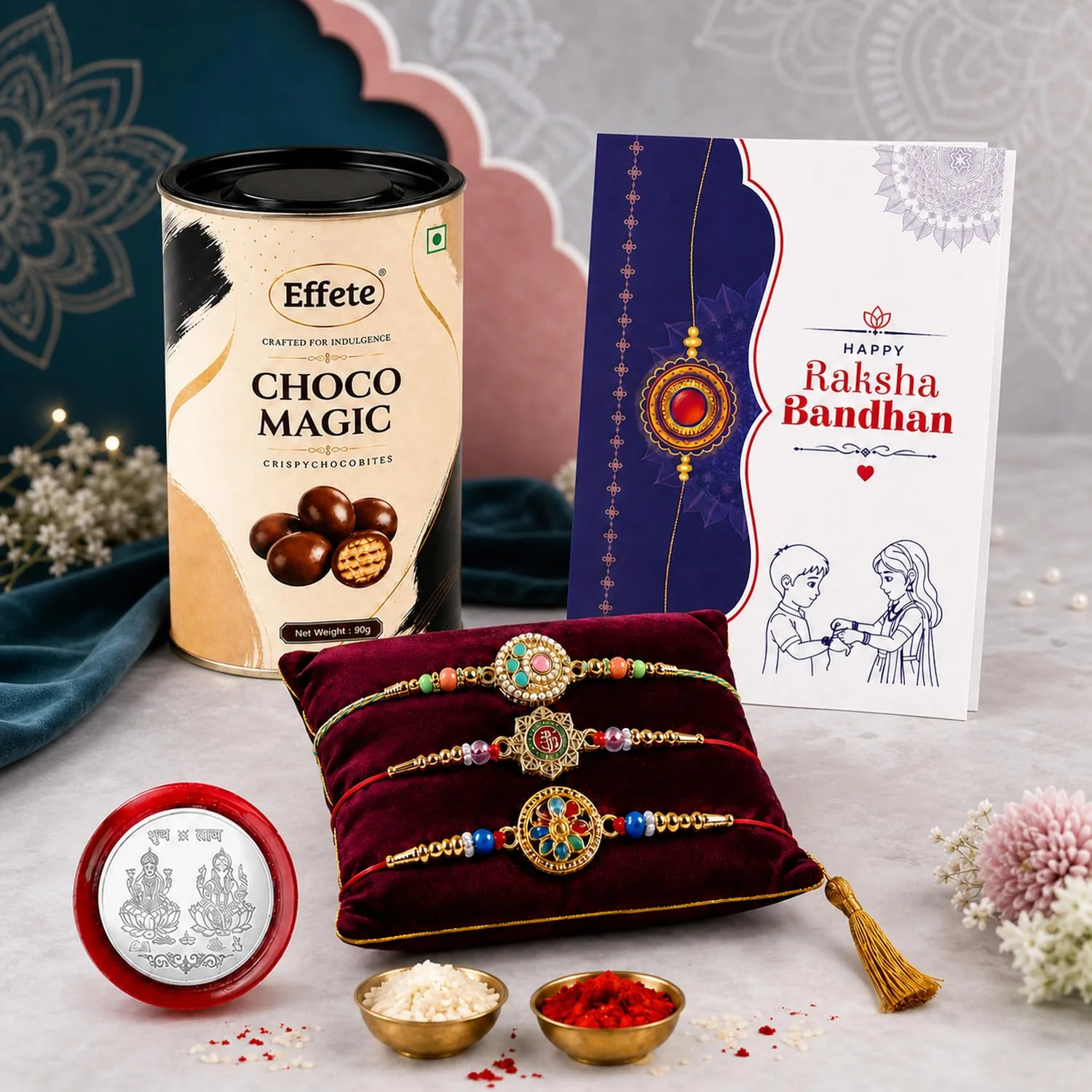 Rakhi with Chocolate for Brother (Set of 7) – Peacock Om Pearl Raksha Gift Combo