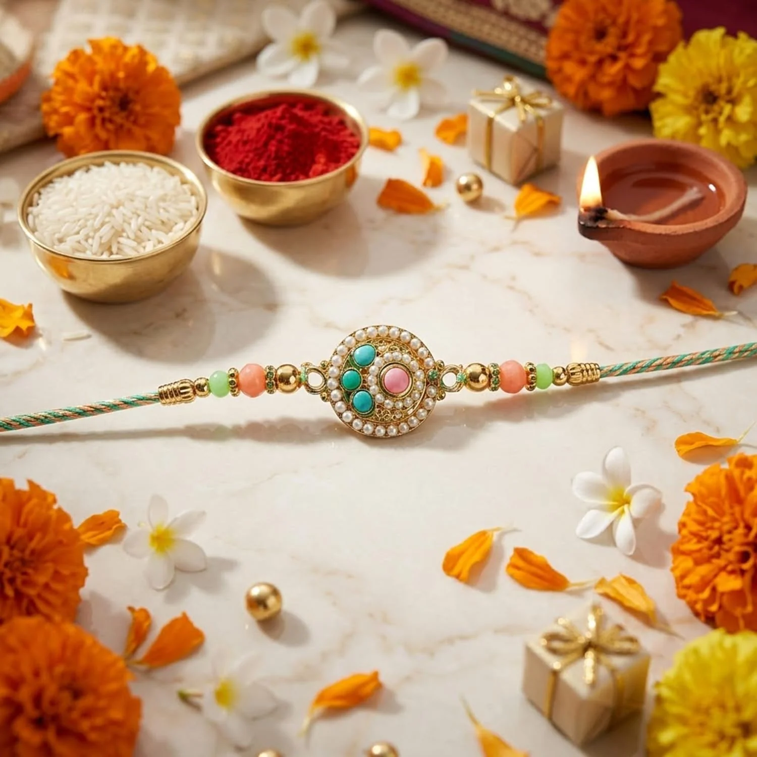 Rakhi with Chocolate for Brother (Set of 7) – Peacock Om Pearl Raksha Gift Combo - Image 8