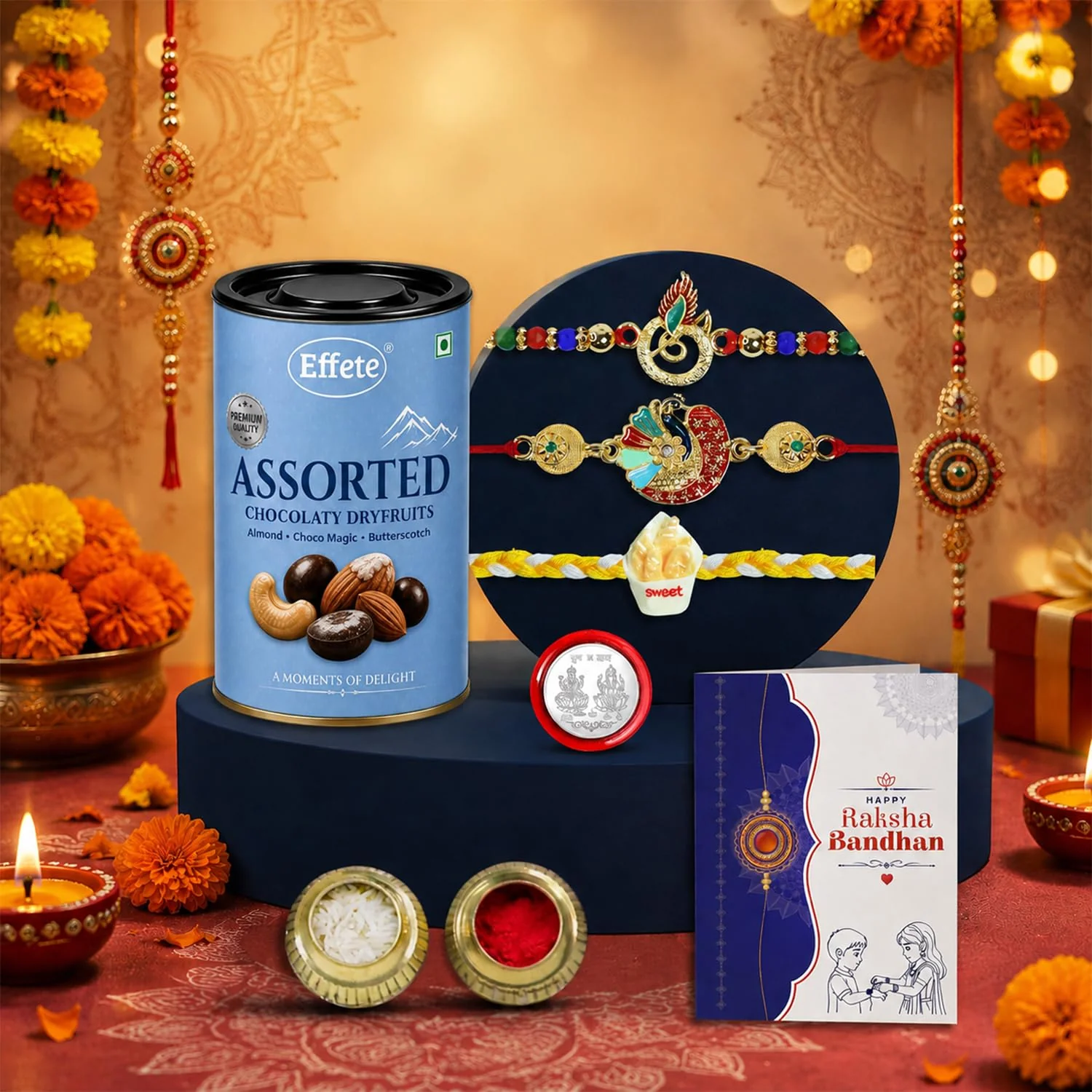 Rakhi with Chocolate for Brother (Set of 7) – Peacock Round Food Raksha Gift Combo