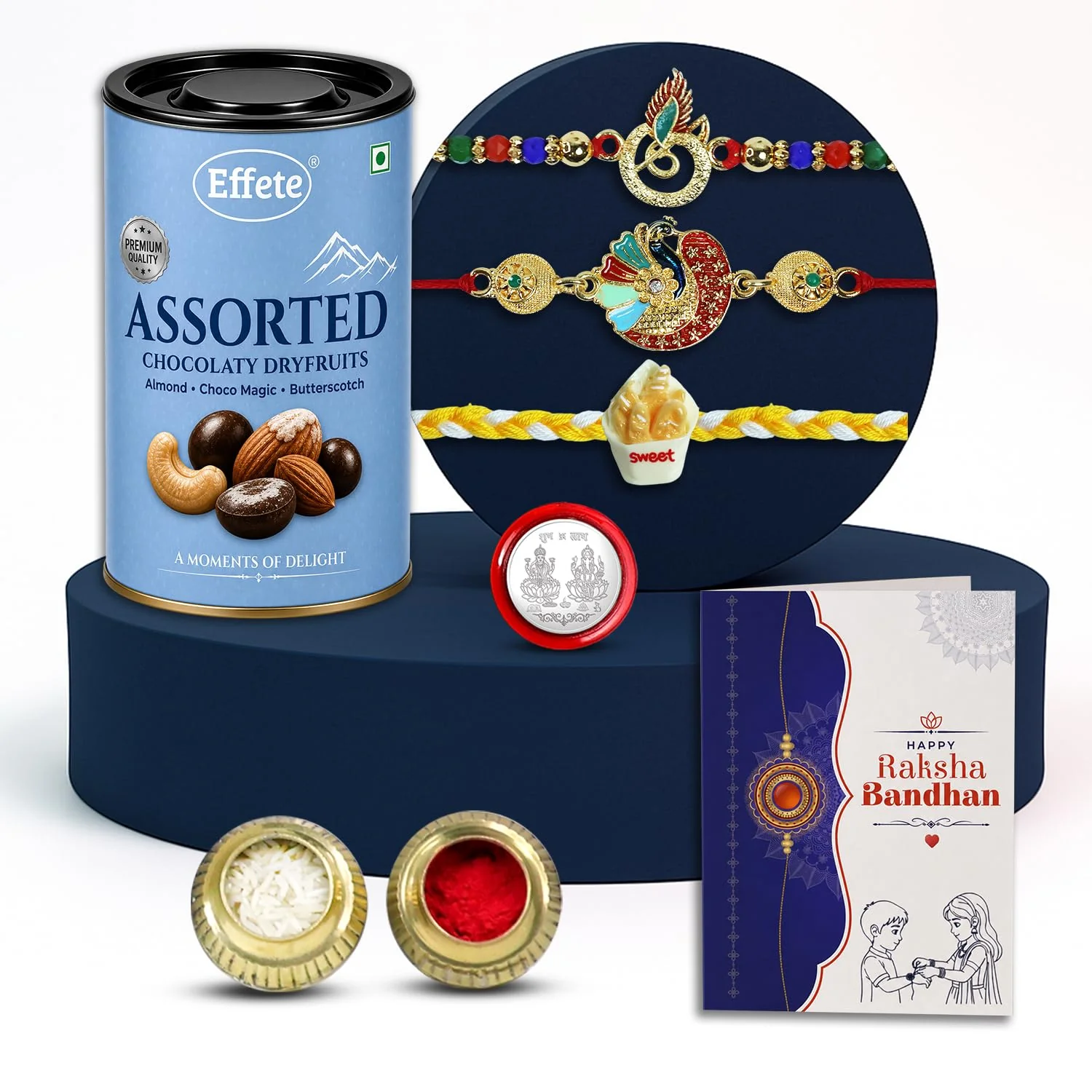 Rakhi with Chocolate for Brother (Set of 7) – Peacock Round Food Raksha Gift Combo - Image 2