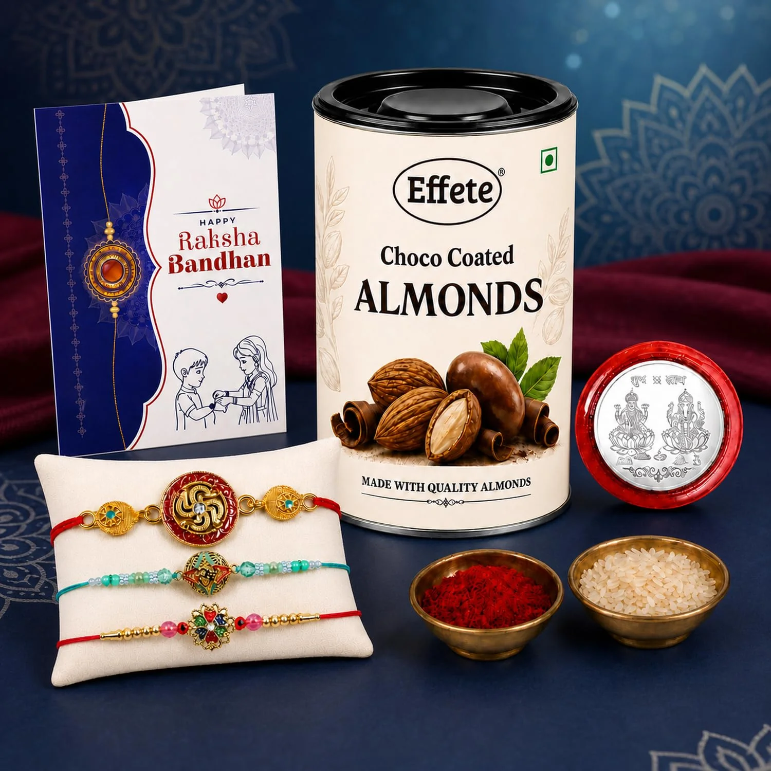 Rakhi with Chocolate for Brother (Set of 7) – Swastik Floral Round Shape Gift Combo