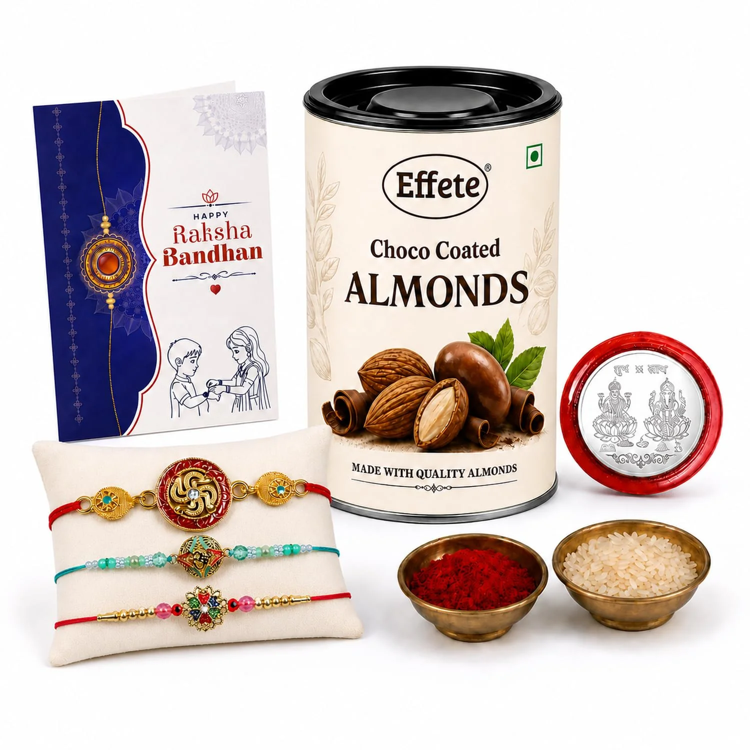 Rakhi with Chocolate for Brother (Set of 7) – Swastik Floral Round Shape Gift Combo - Image 2