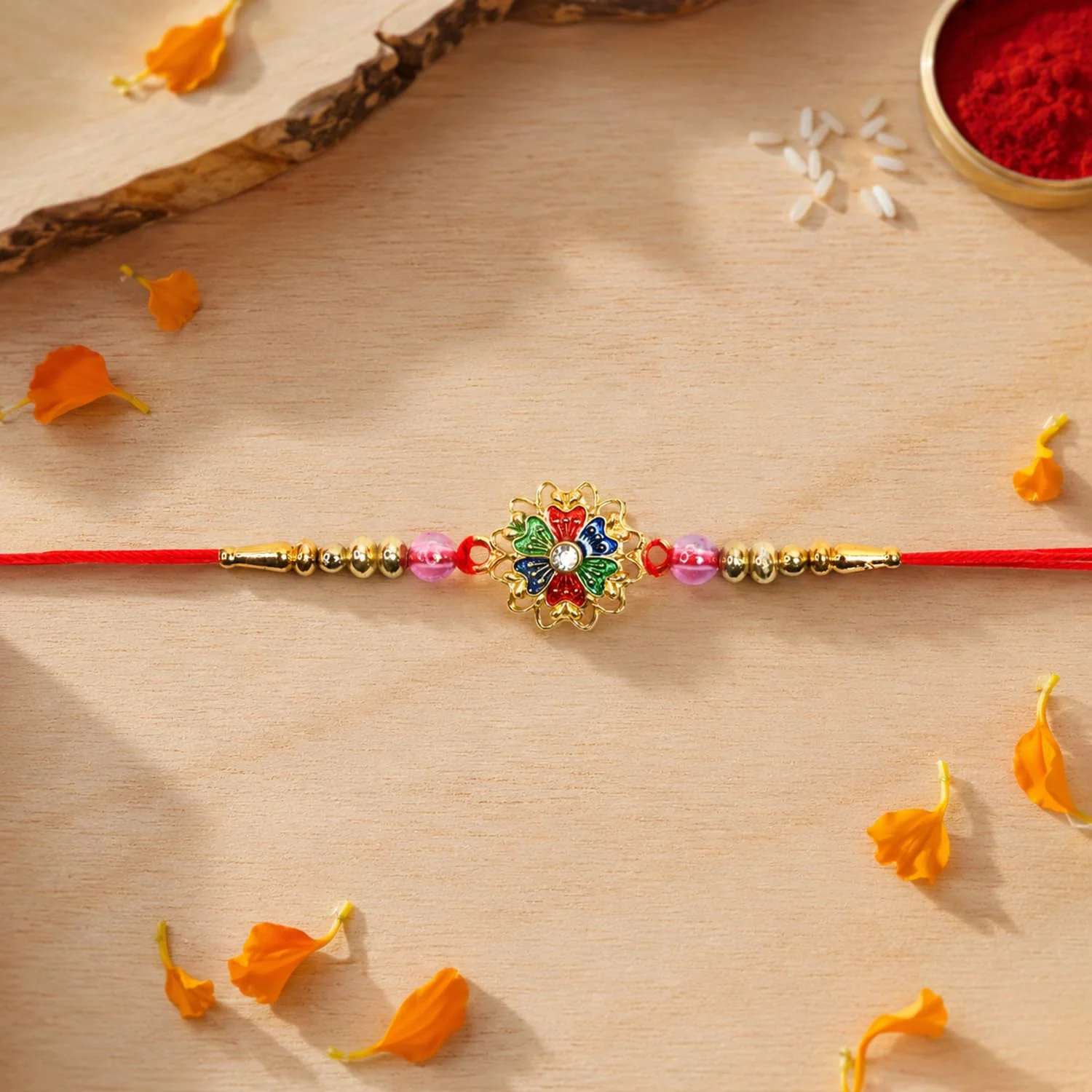 Rakhi with Chocolate for Brother (Set of 7) – Swastik Floral Round Shape Gift Combo - Image 6