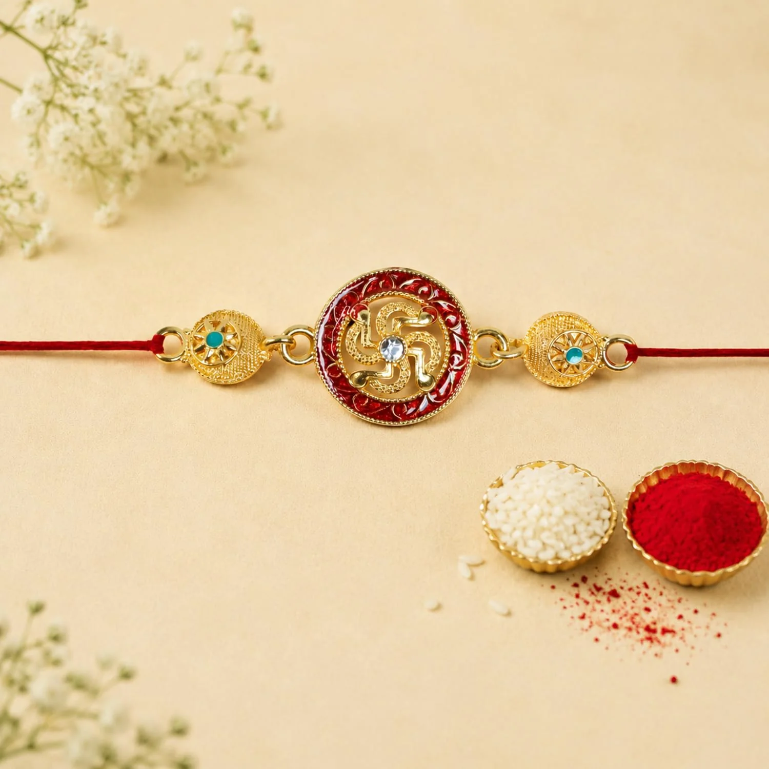 Rakhi with Chocolate for Brother (Set of 7) – Swastik Floral Round Shape Gift Combo - Image 9