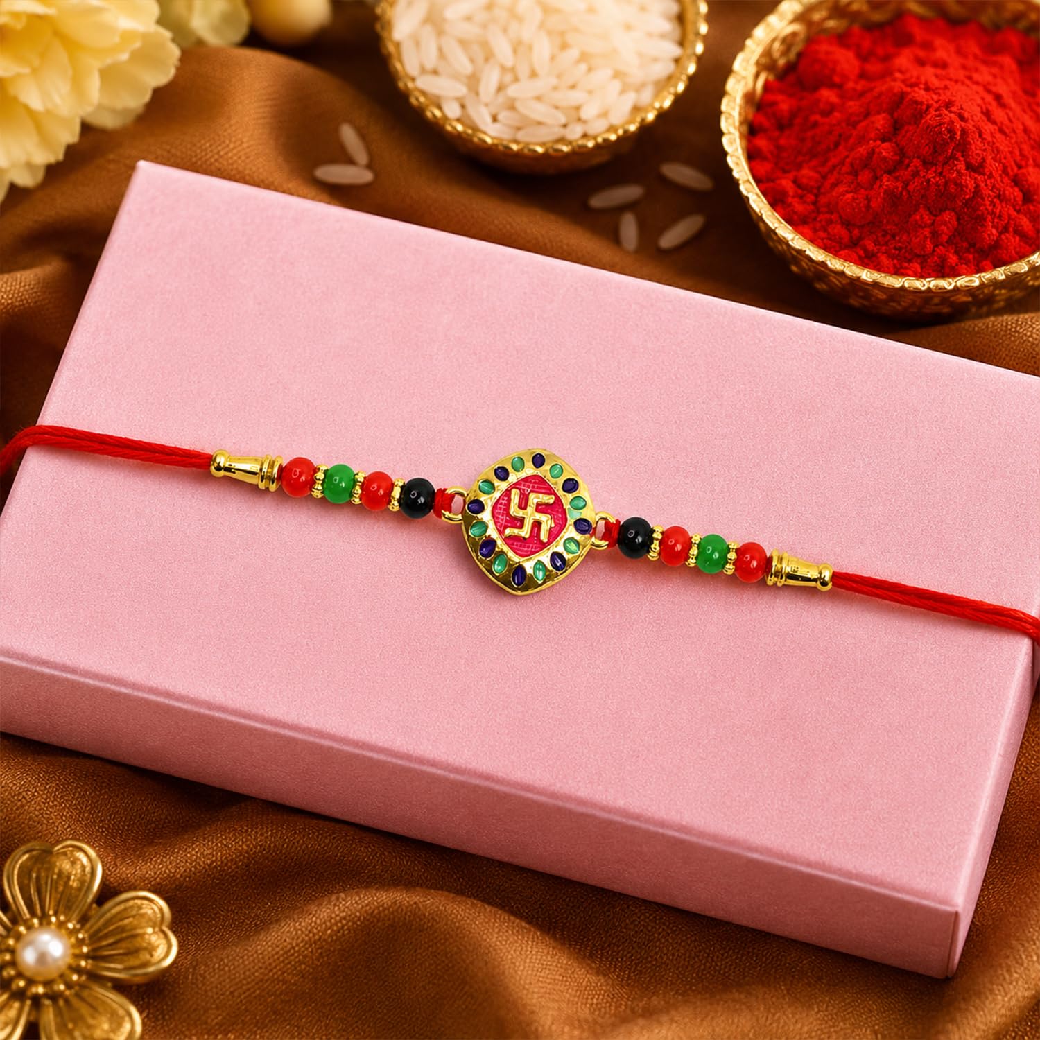 Rakhi with Chocolate for Brother (Set of 7) – Swasik Bhai Peacock Shape Gift Combo - Image 8