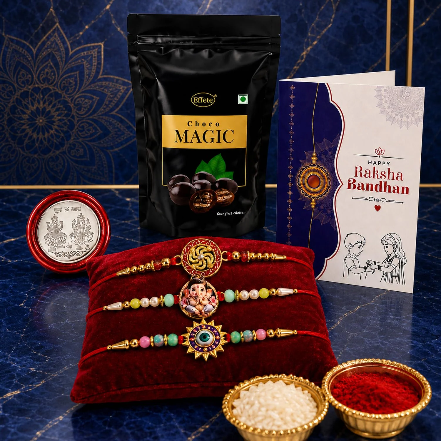 Rakhi with Chocolate for Brother (Set of 7) – Swastik Evil Eye Raksha Gift Combo