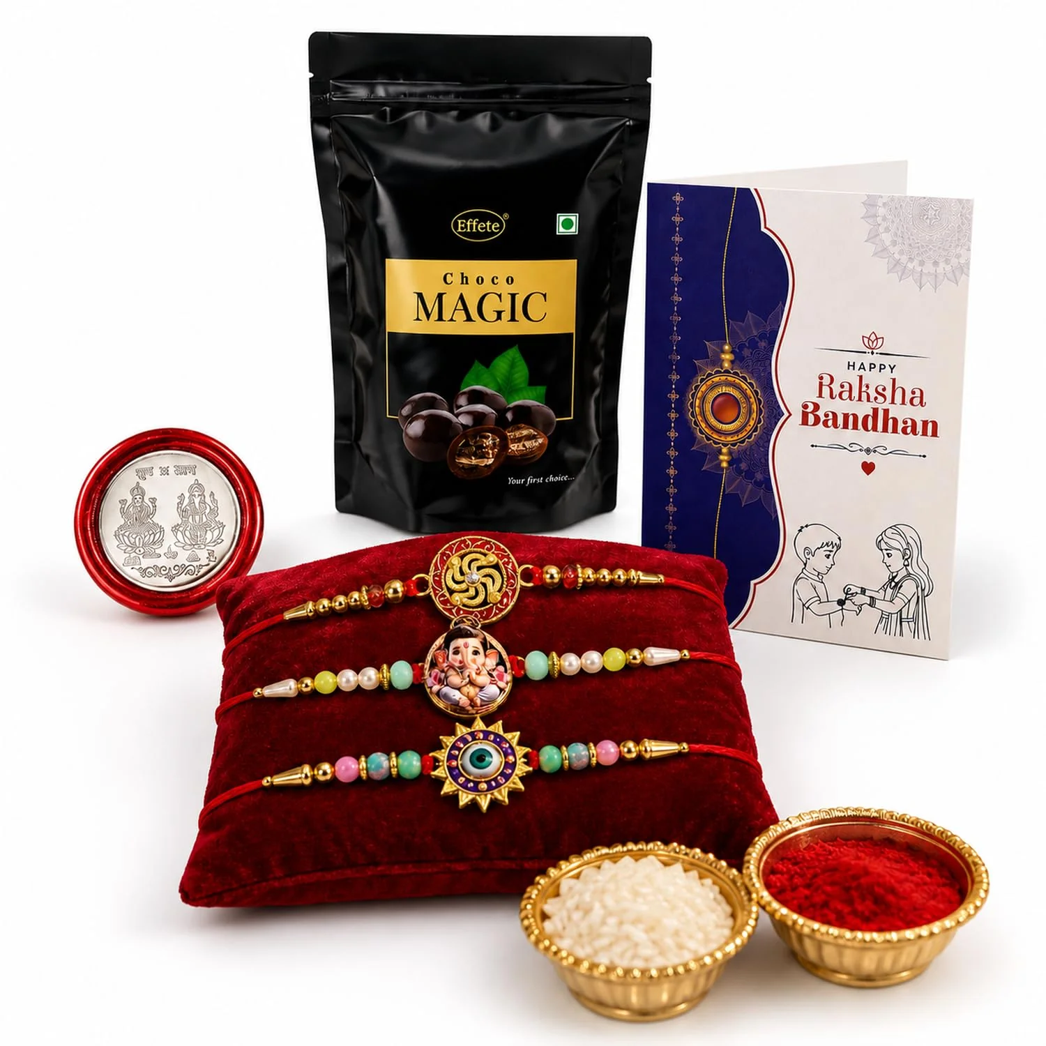 Rakhi with Chocolate for Brother (Set of 7) – Swastik Evil Eye Raksha Gift Combo - Image 2