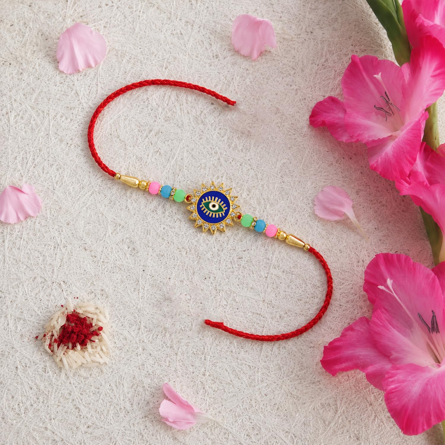 Rakhi with Chocolate for Brother (Set of 7) – Swastik Evil Eye Raksha Gift Combo - Image 9