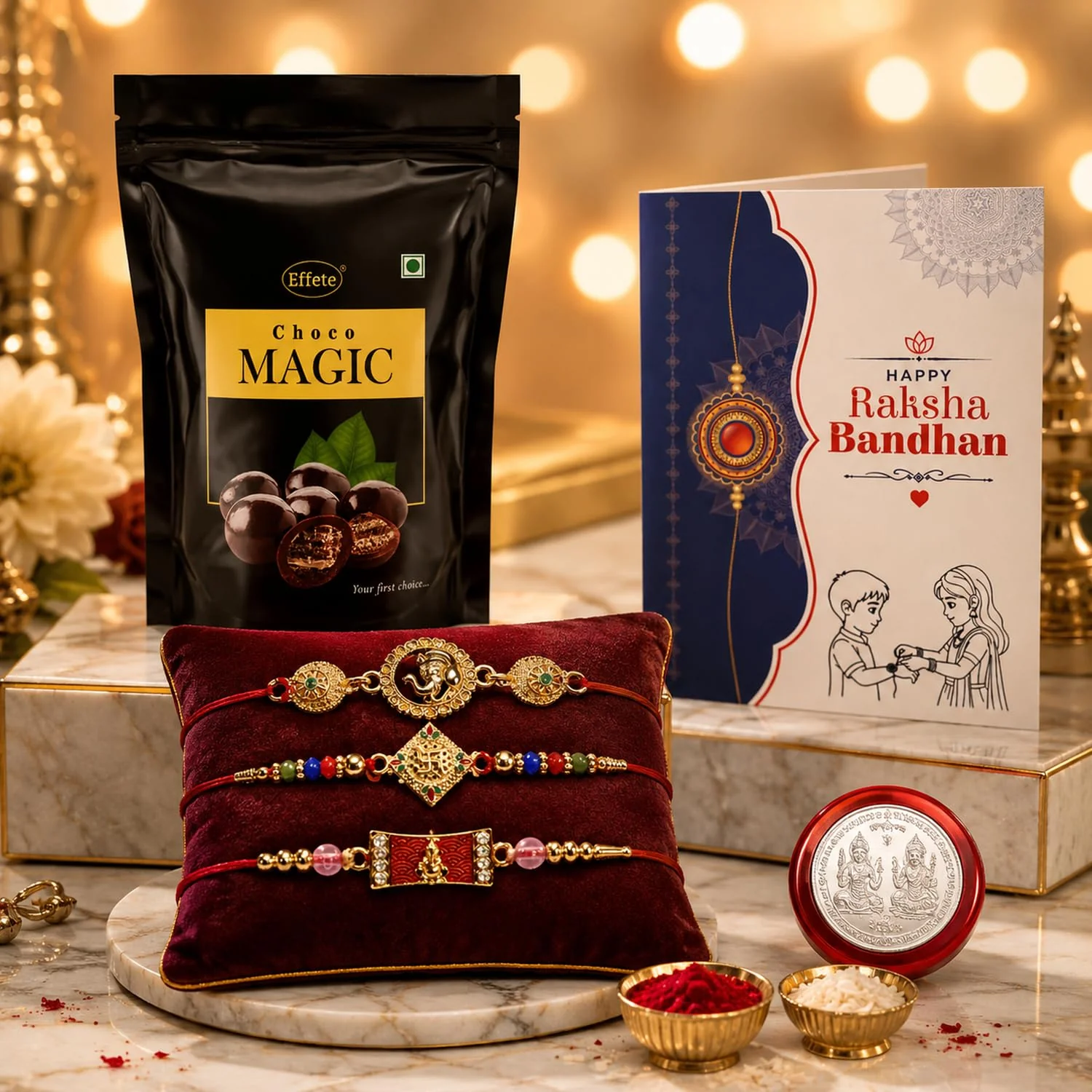 Rakhi with Chocolate for Brother (Set of 7) – Swastik Ganu Round Raksha Gift Combo