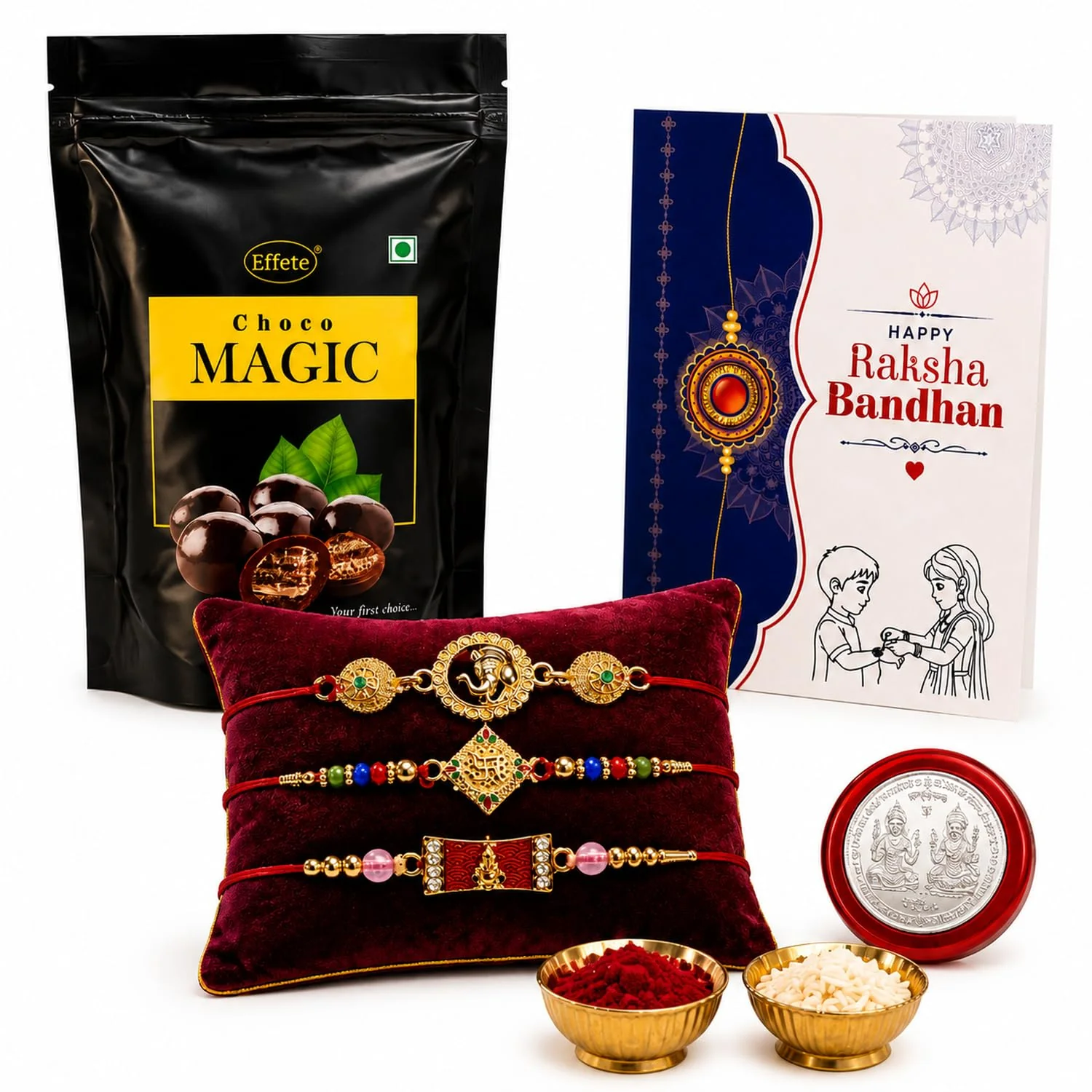 Rakhi with Chocolate for Brother (Set of 7) – Swastik Ganu Round Raksha Gift Combo - Image 2