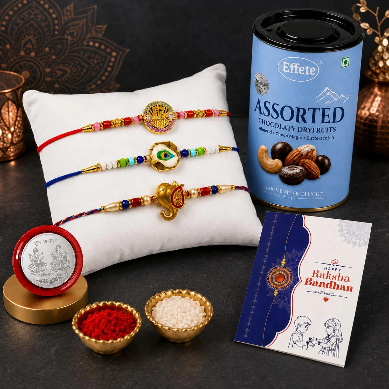 Rakhi with Chocolate for Brother (Set of 7) – Mera Bhaiya Ganu Ji Square Gift Combo