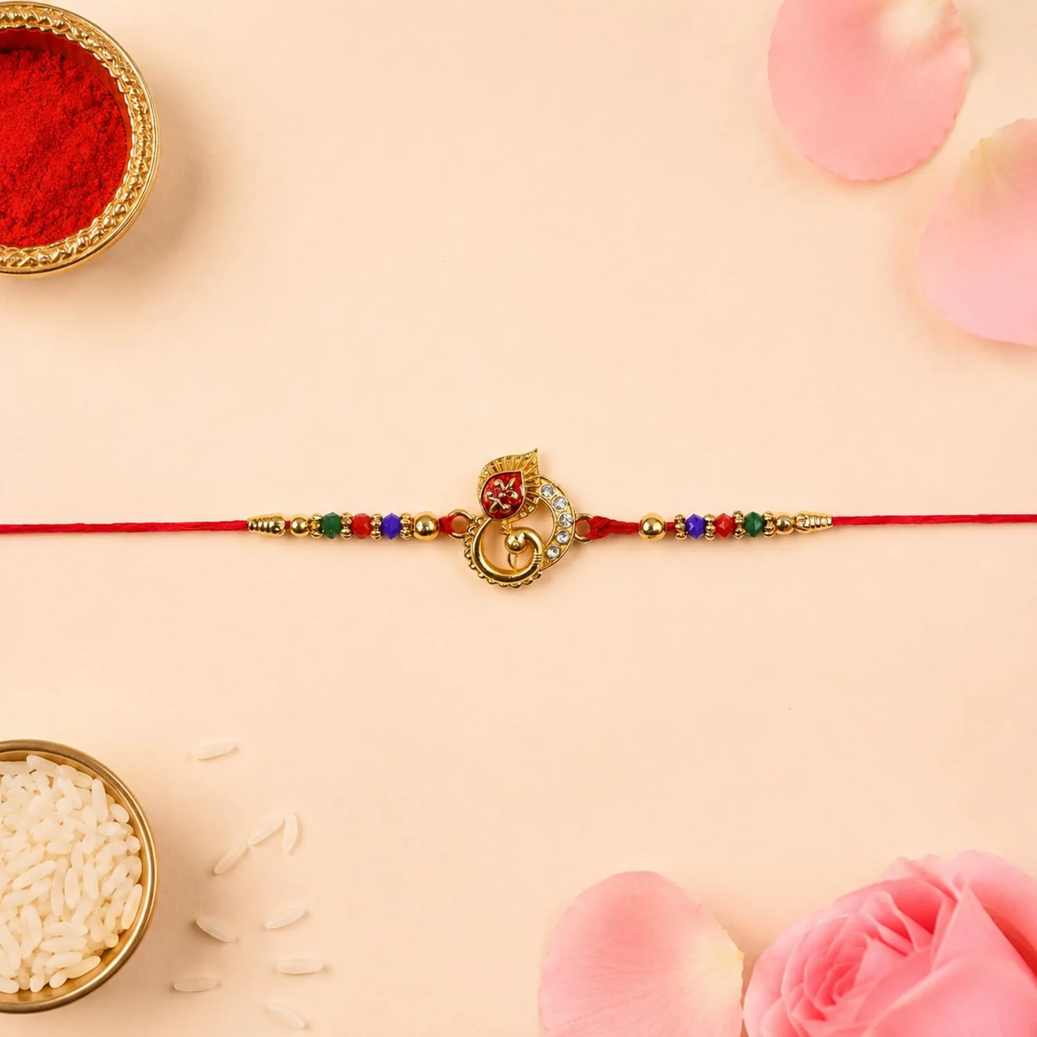 Rakhi with Chocolate for Brother (Set of 7) – Radha Krishna Flower Golden Gift Combo - Image 6