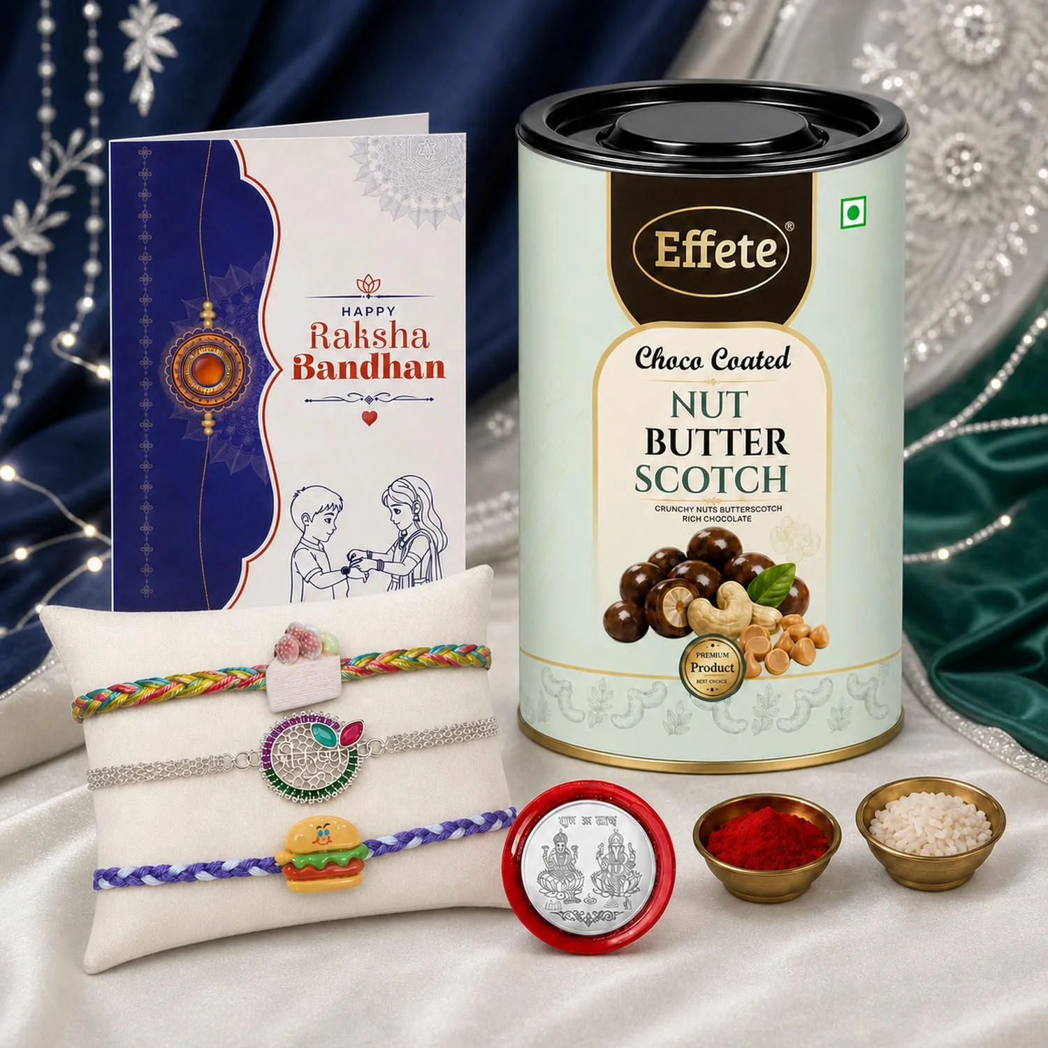 Rakhi with Chocolate for Brother (Set of 7) – 2 Pc Food Desgin 1 Raksha Gift Combo