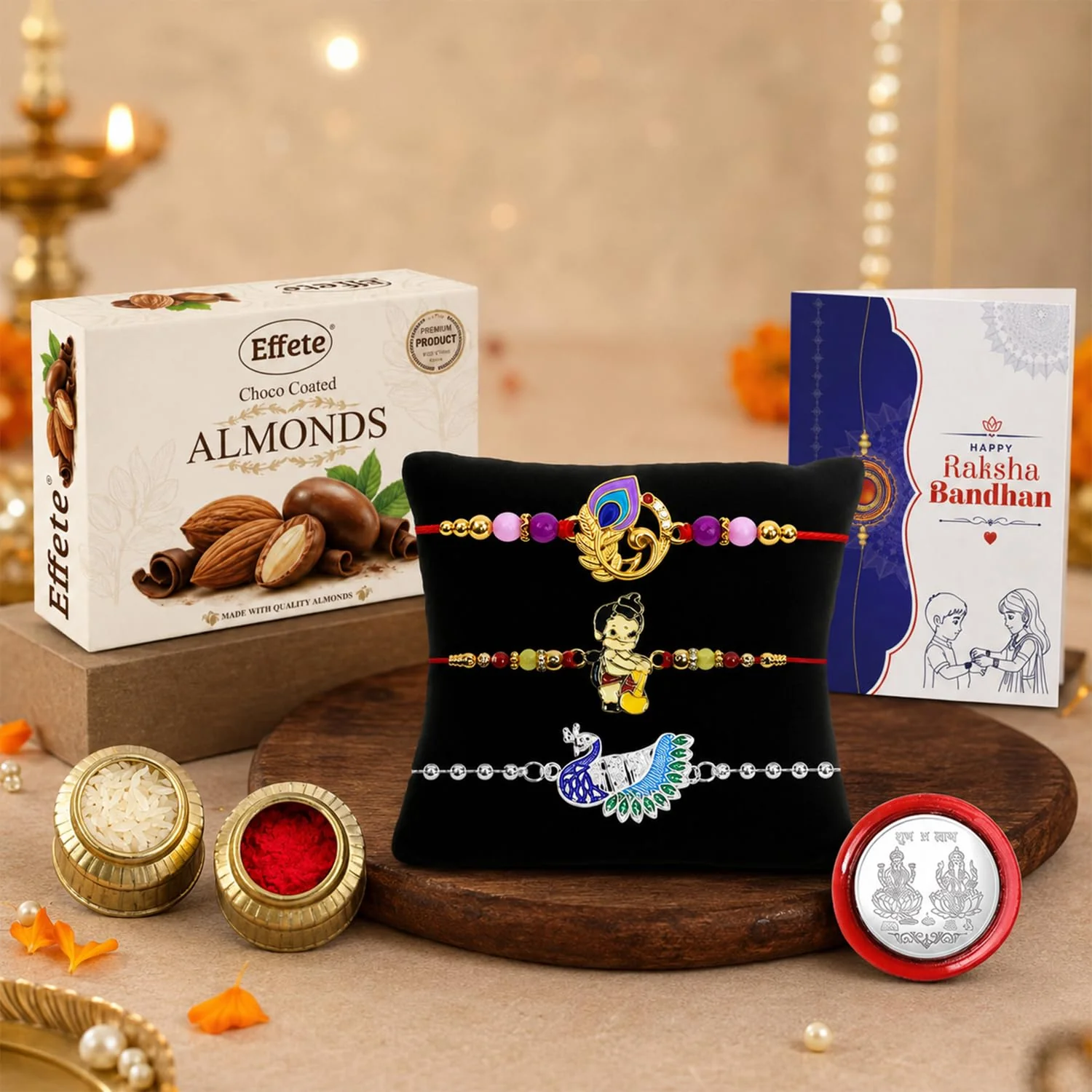 Rakhi with Chocolate for Brother (Set of 7) – Bal Hanuman Feather Peacock Gift Combo