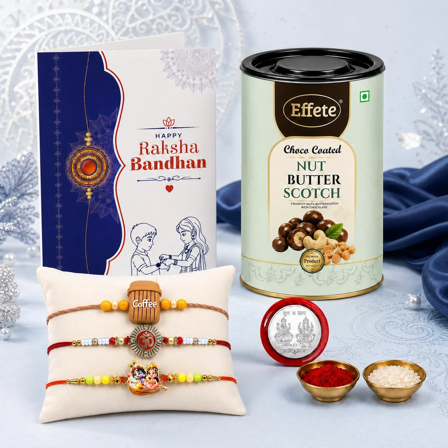 Rakhi with Chocolate for Brother (Set of 7) – Coffee Mug Om Radha Krishna Gift Combo