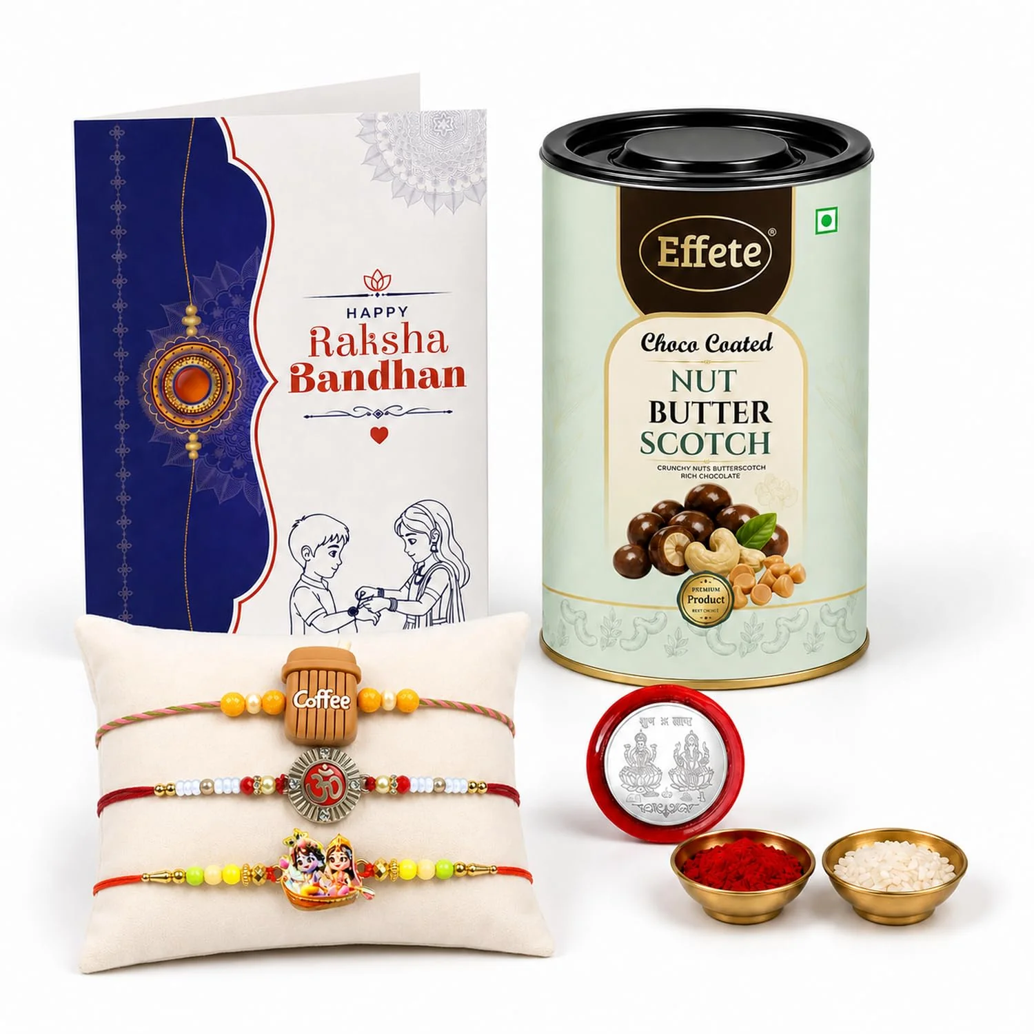 Rakhi with Chocolate for Brother (Set of 7) – Coffee Mug Om Radha Krishna Gift Combo - Image 3