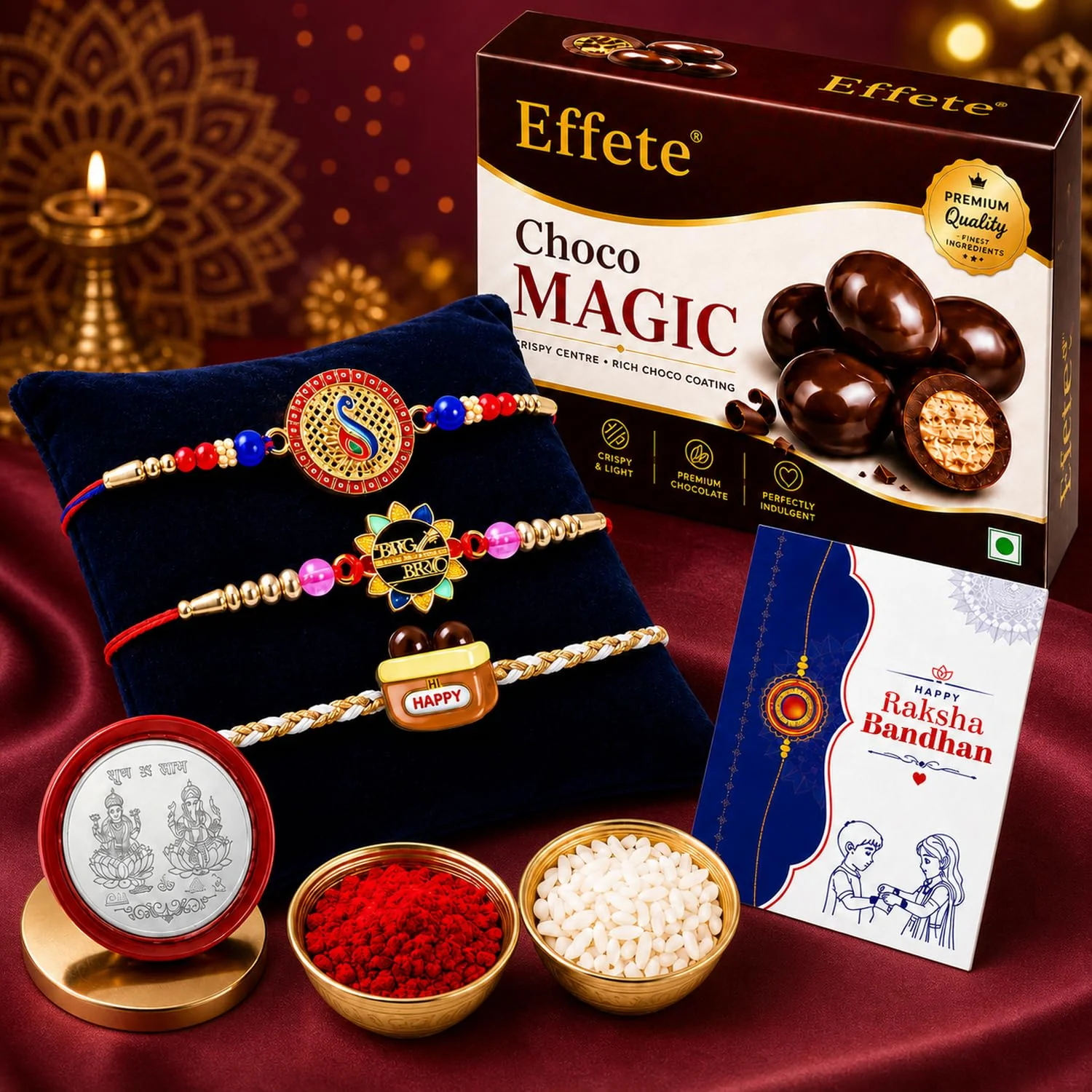 Rakhi with Chocolate for Brother (Set of 7) – Golden Color Big Bro Food Gift Combo