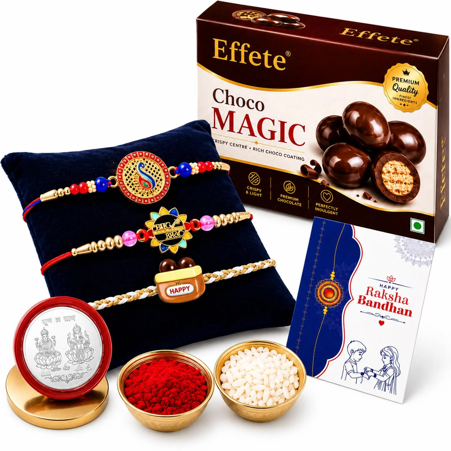 Rakhi with Chocolate for Brother (Set of 7) – Golden Color Big Bro Food Gift Combo - Image 2