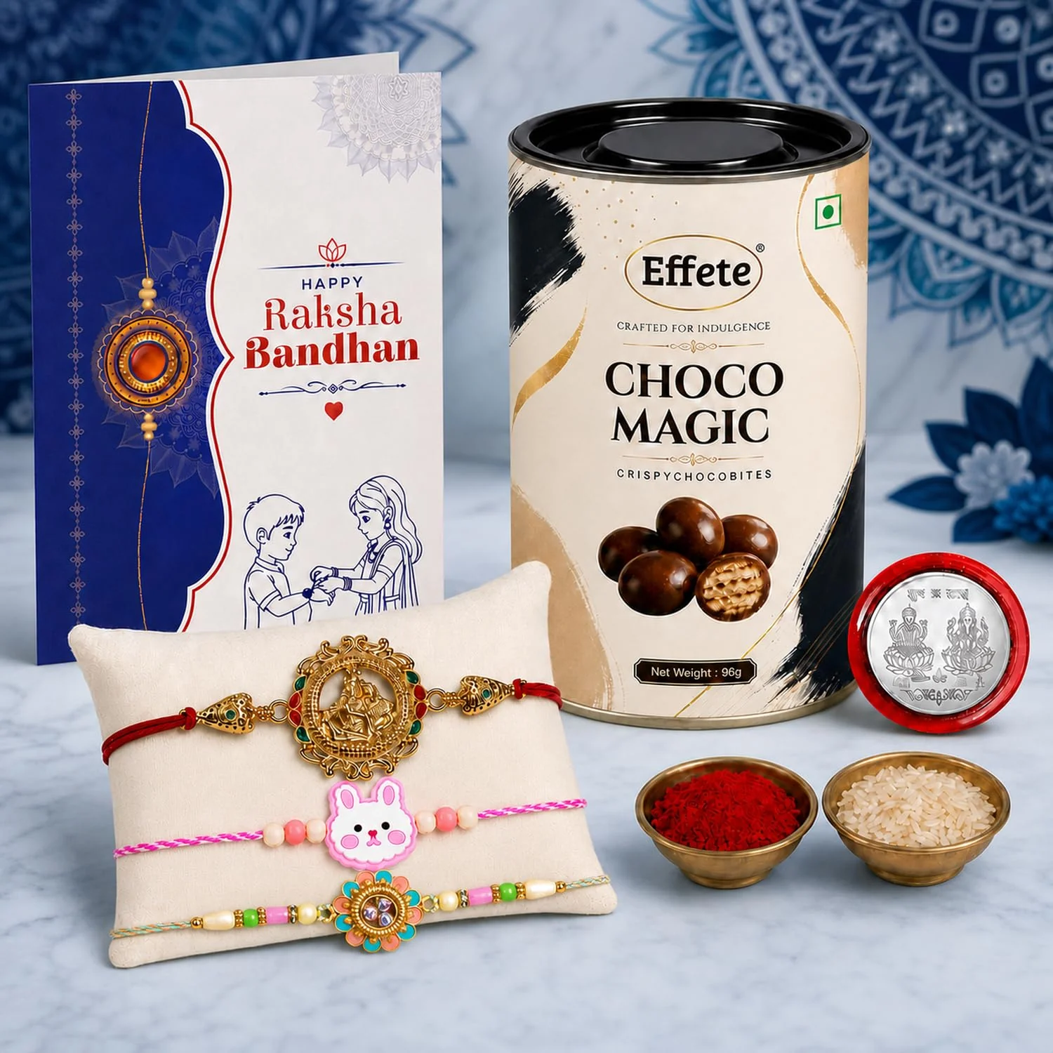 Rakhi with Chocolate for Brother (Set of 7) – Golden Color Floral Raksha Gift Combo