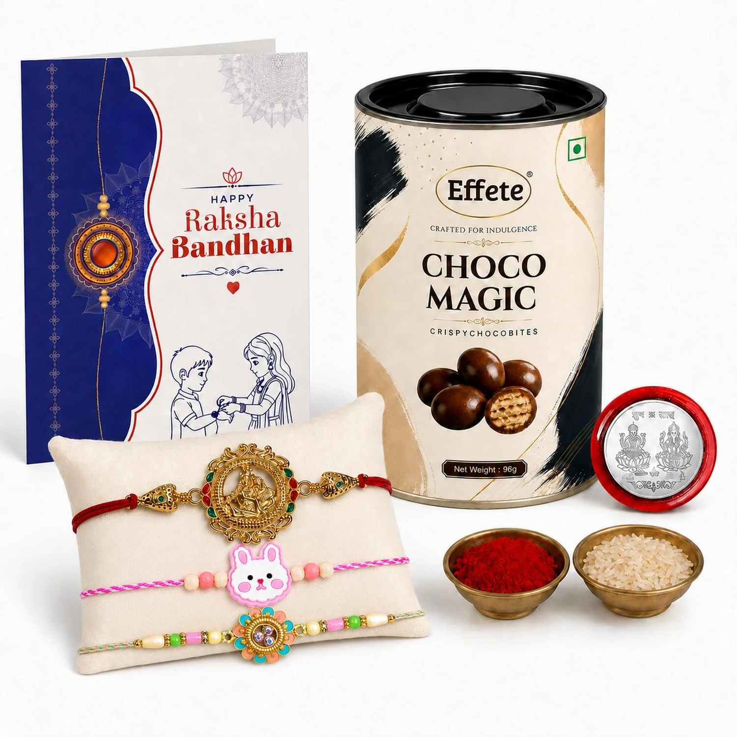 Rakhi with Chocolate for Brother (Set of 7) – Golden Color Floral Raksha Gift Combo - Image 2