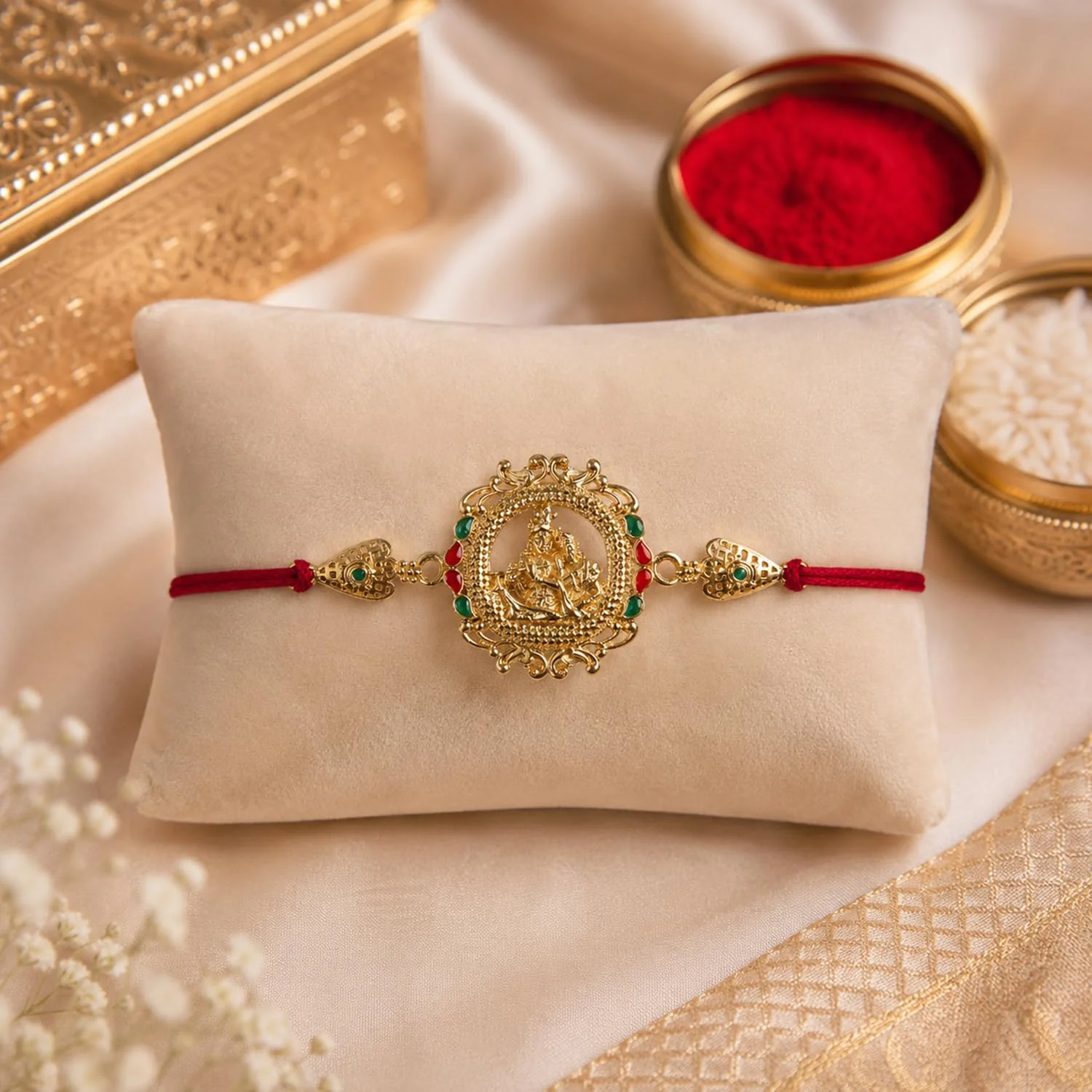 Rakhi with Chocolate for Brother (Set of 7) – Golden Color Floral Raksha Gift Combo - Image 6