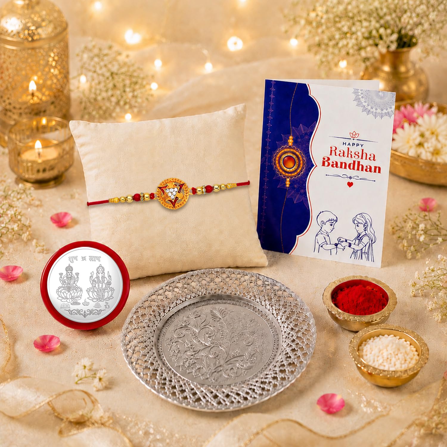 Rakhi with Silver Dish – Stylish Designer Rakhi with Pooja Coin & Card Combo (Set of