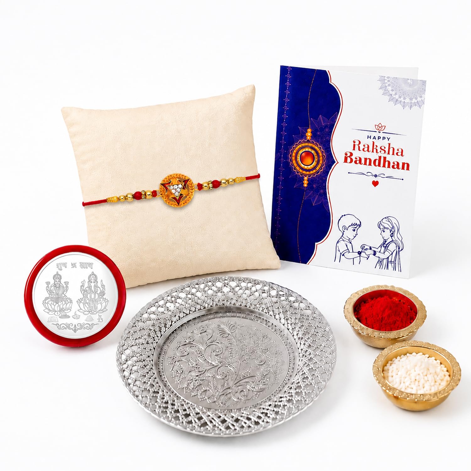 Rakhi with Silver Dish – Stylish Designer Rakhi with Pooja Coin & Card Combo (Set of - Image 2