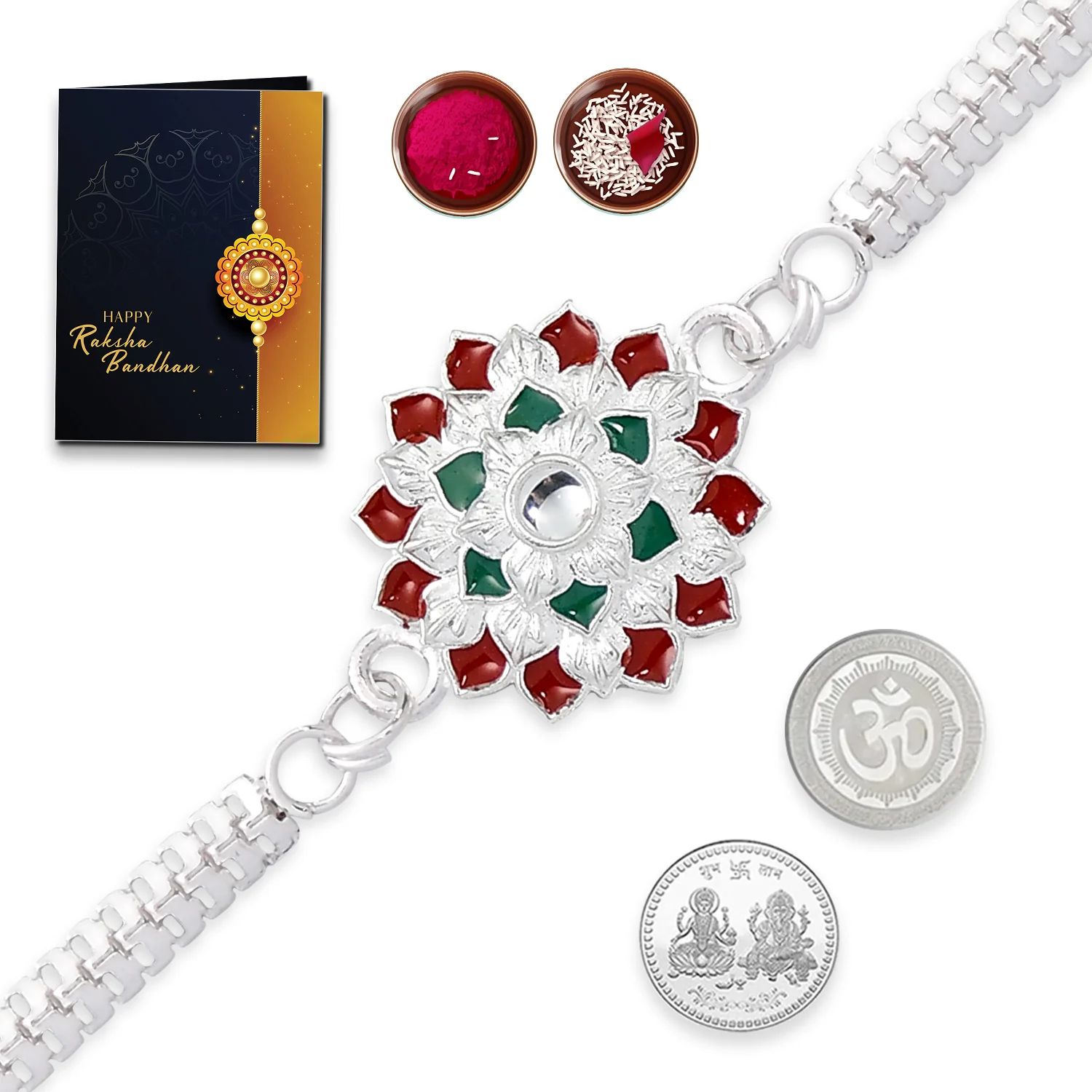 Designer Bracelet Rakhi with Tilak Set & Coin Gift Combo for Brother | Raksha Bandhan
